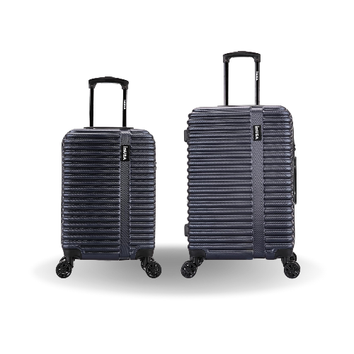 Two navy blue suitcases with wheels on a white background