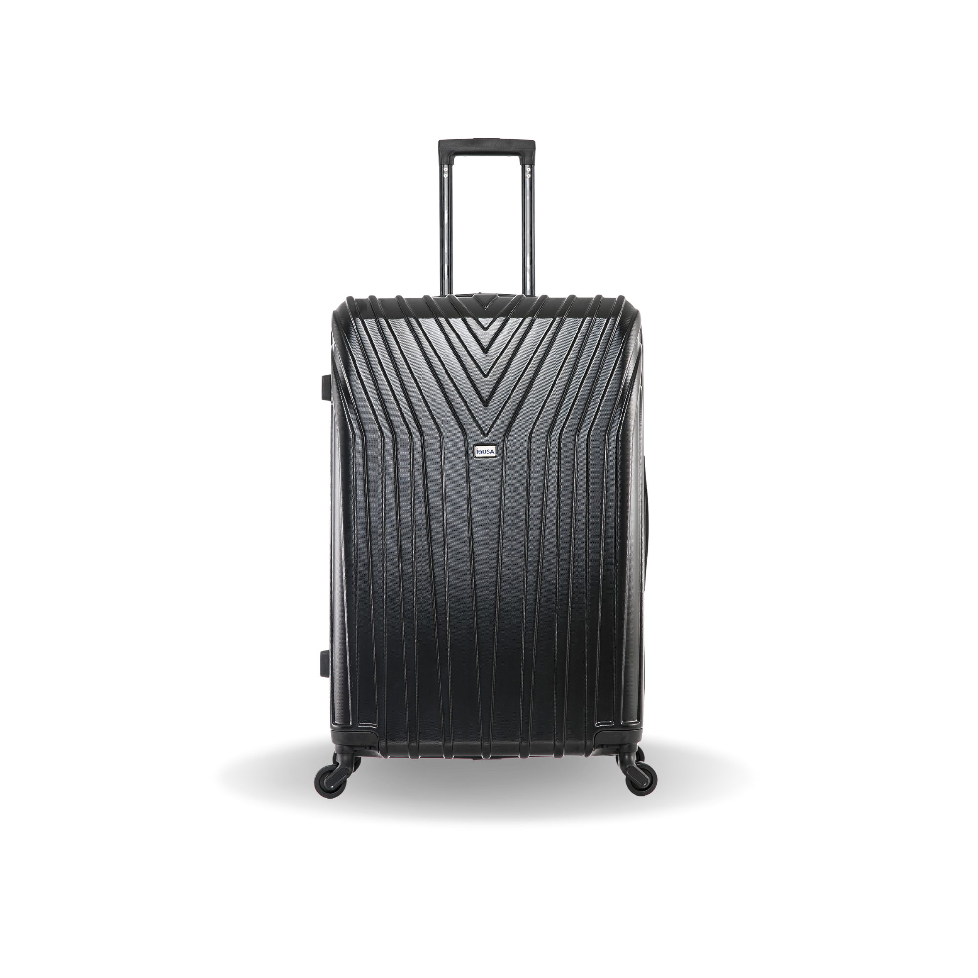 Black suitcase with a geometric pattern on a white background