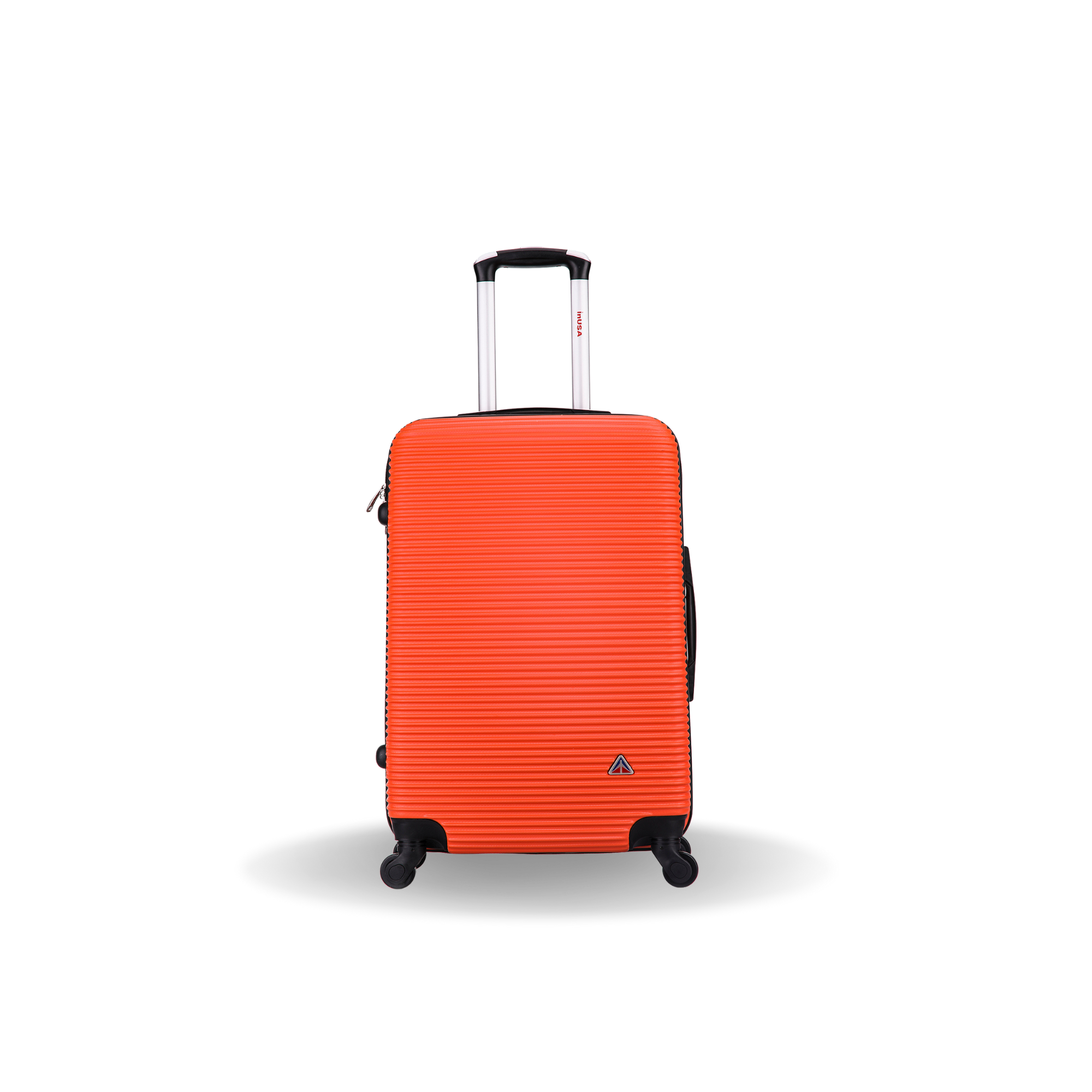 Orange suitcase with a black handle on a white background