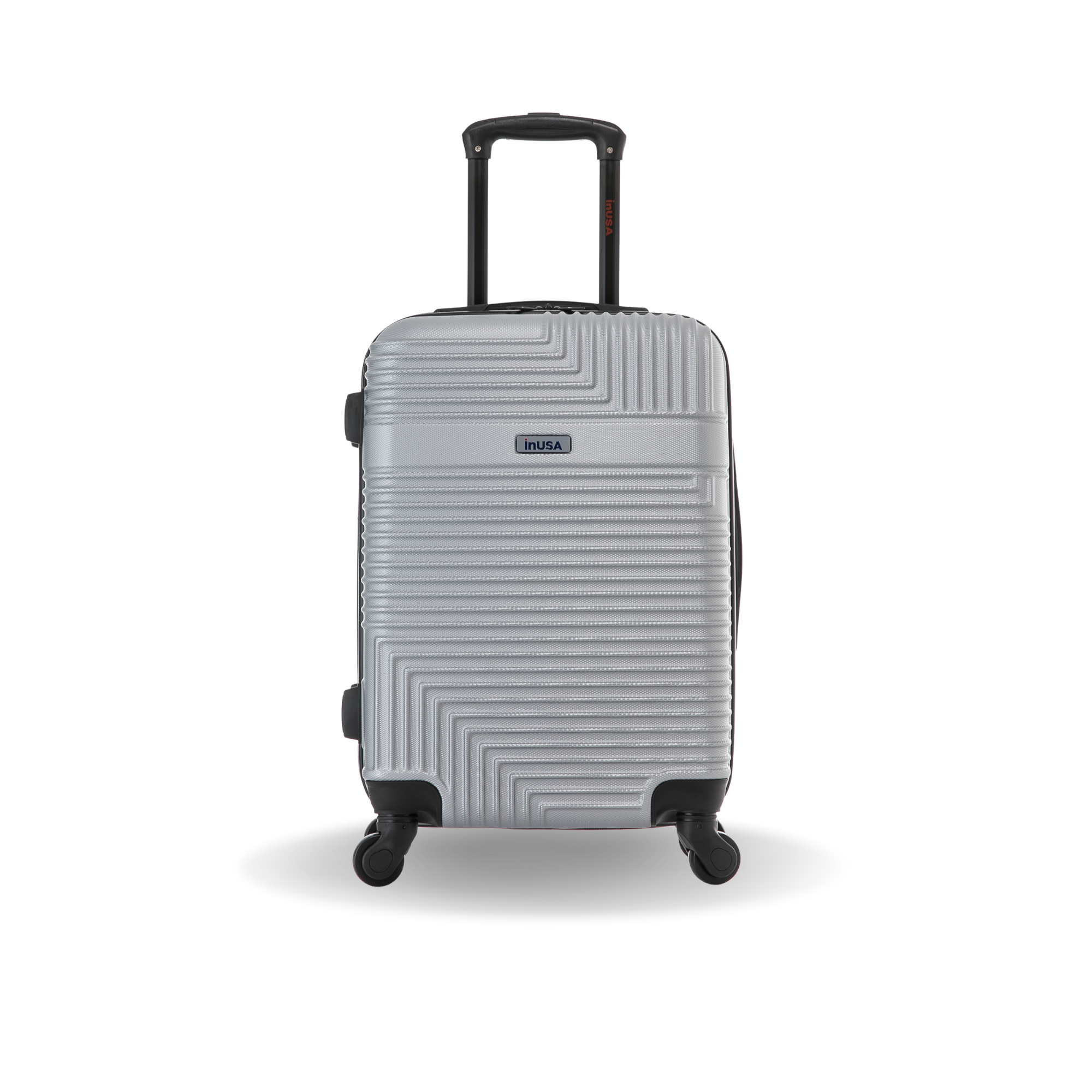 Gray suitcase with a geometric pattern on a white background