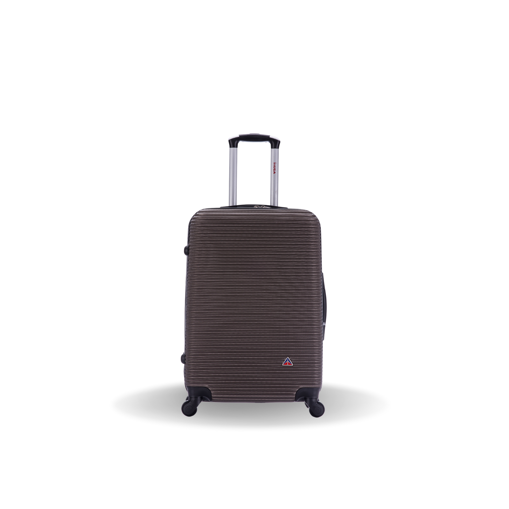 Brown suitcase with a visible brand logo on a white background