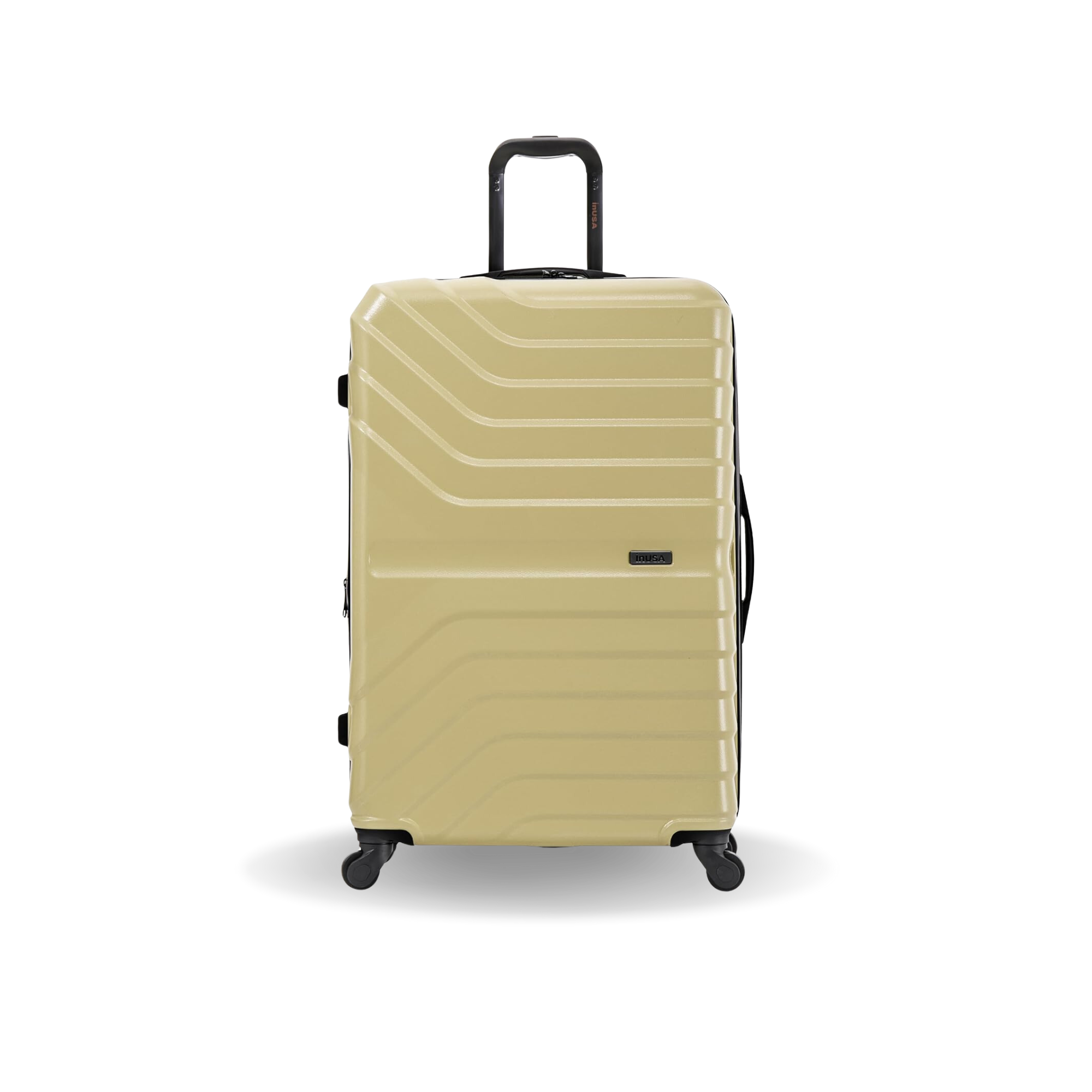 Beige suitcase with a black handle and wheels on a white background