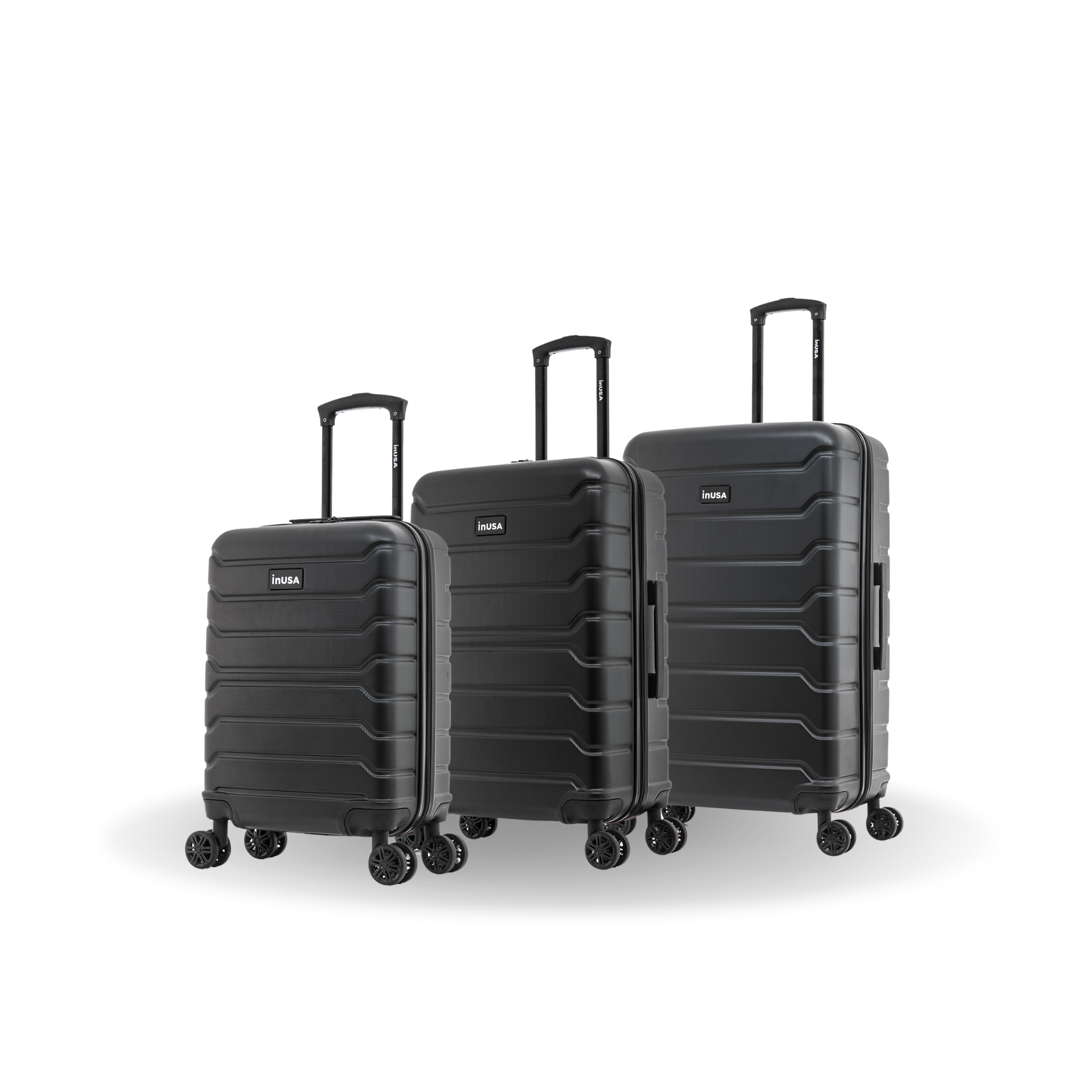 Three black suitcases of different sizes on a white background