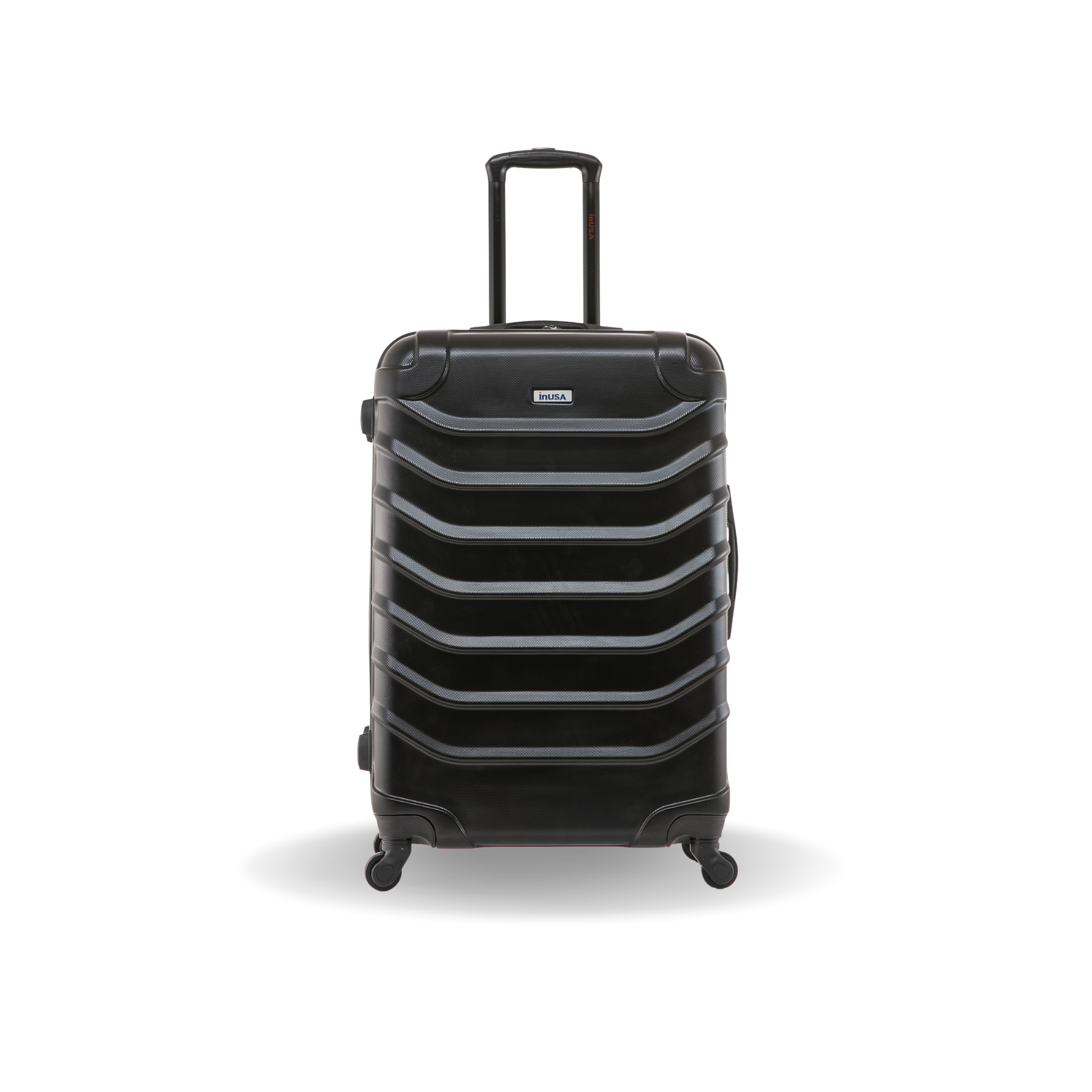 Black suitcase with a striped design on a white background