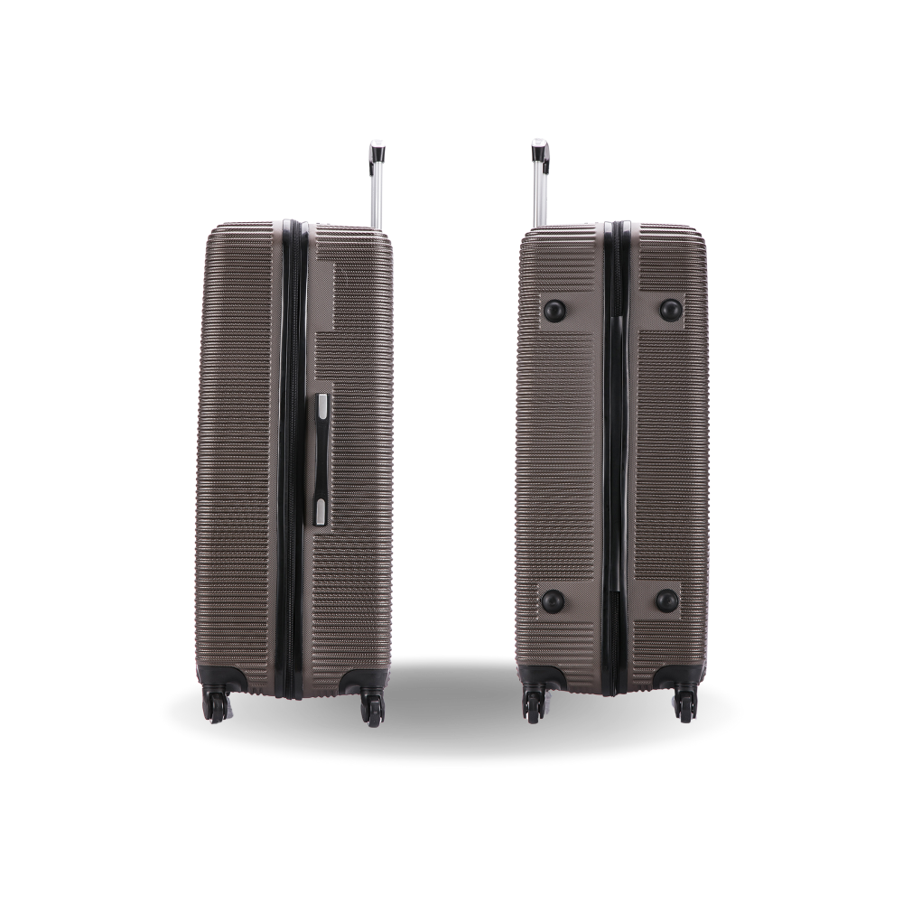 Two brown suitcases with textured surface on a white background