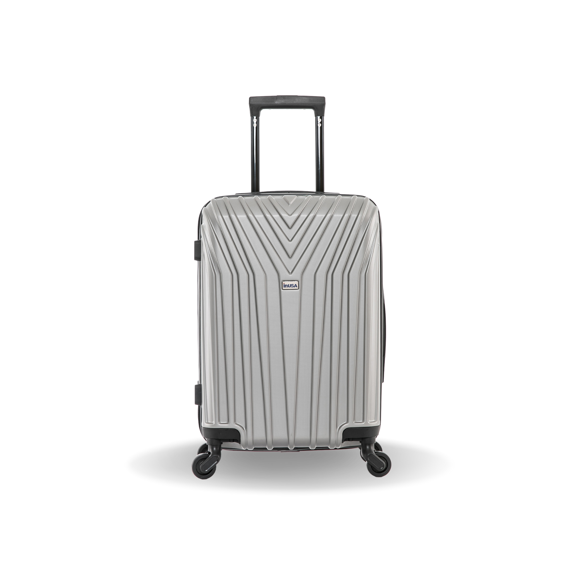 Silver suitcase with a geometric pattern on a white background