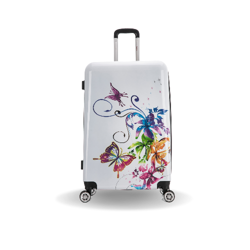 White suitcase with colorful butterfly design on a white background