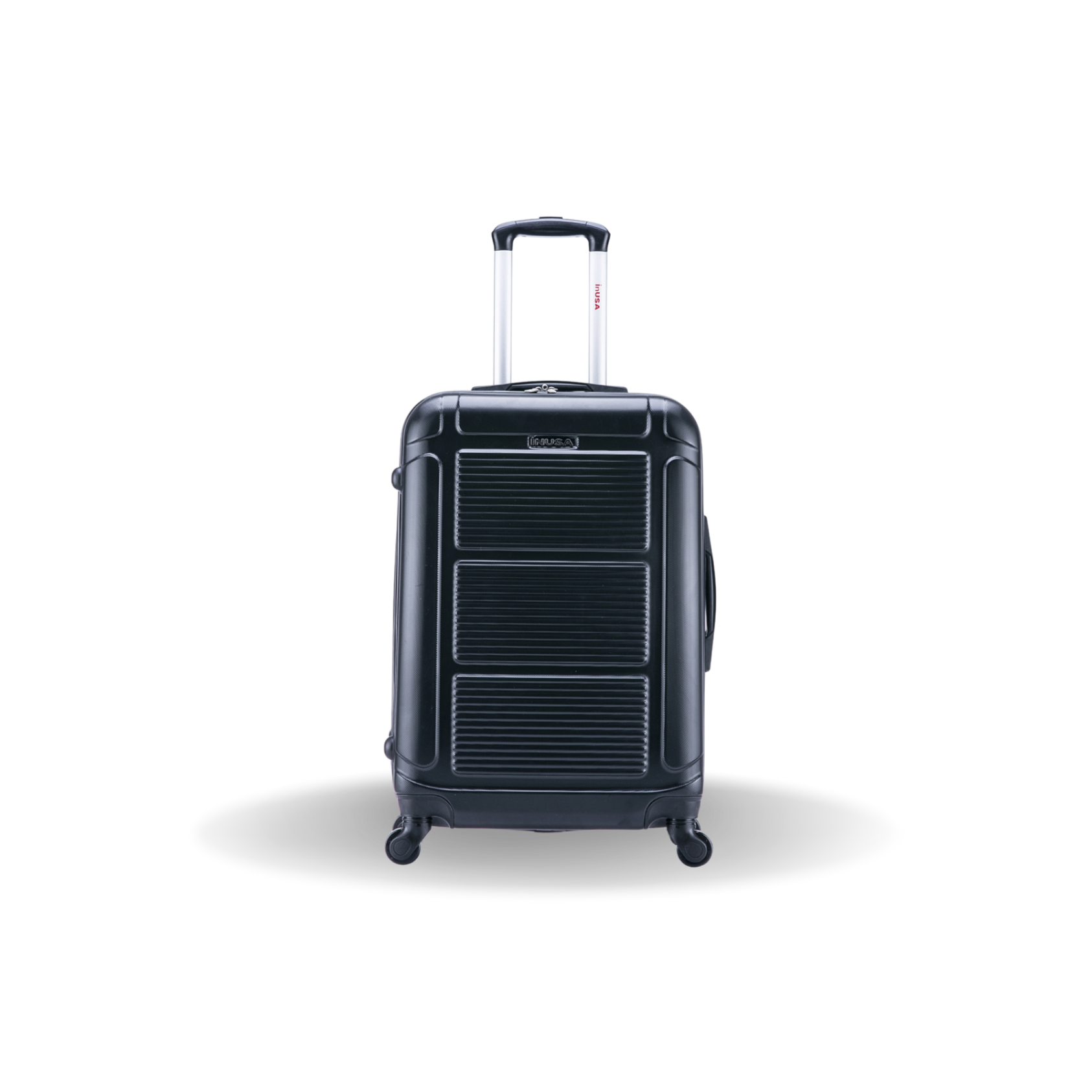 Black suitcase with a visible brand logo on a white background
