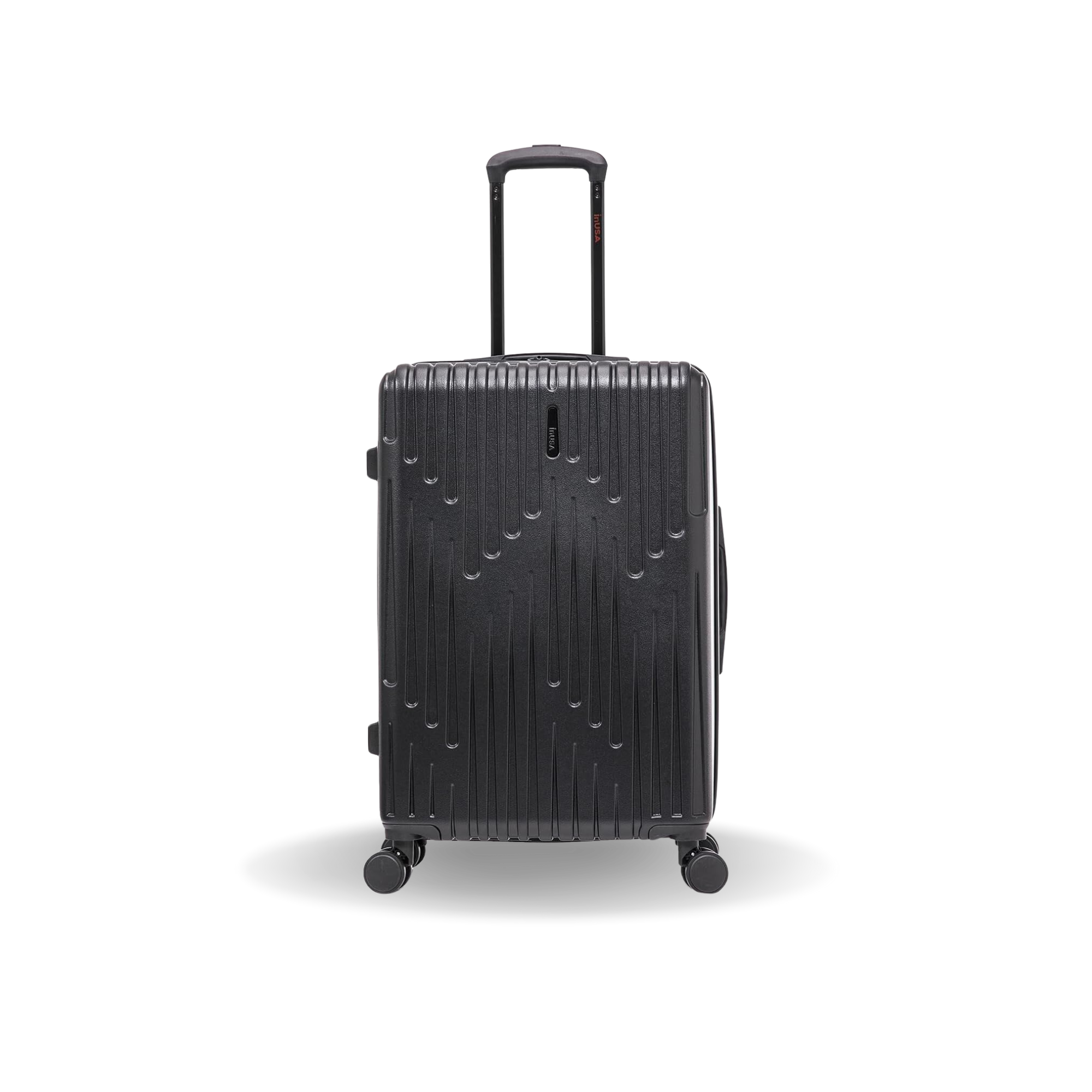 Black suitcase with a textured surface on a white background