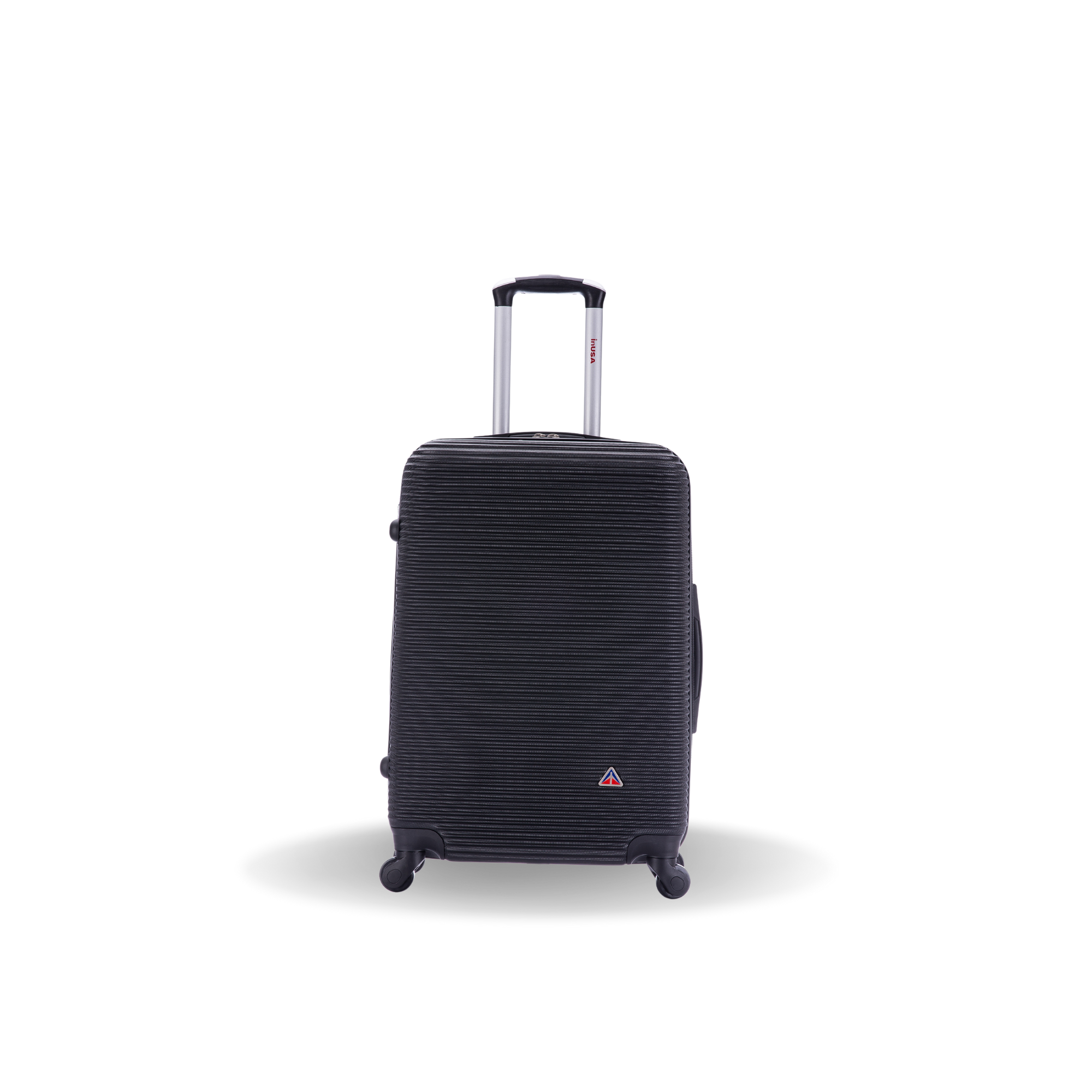Black suitcase with a visible brand logo on a white background