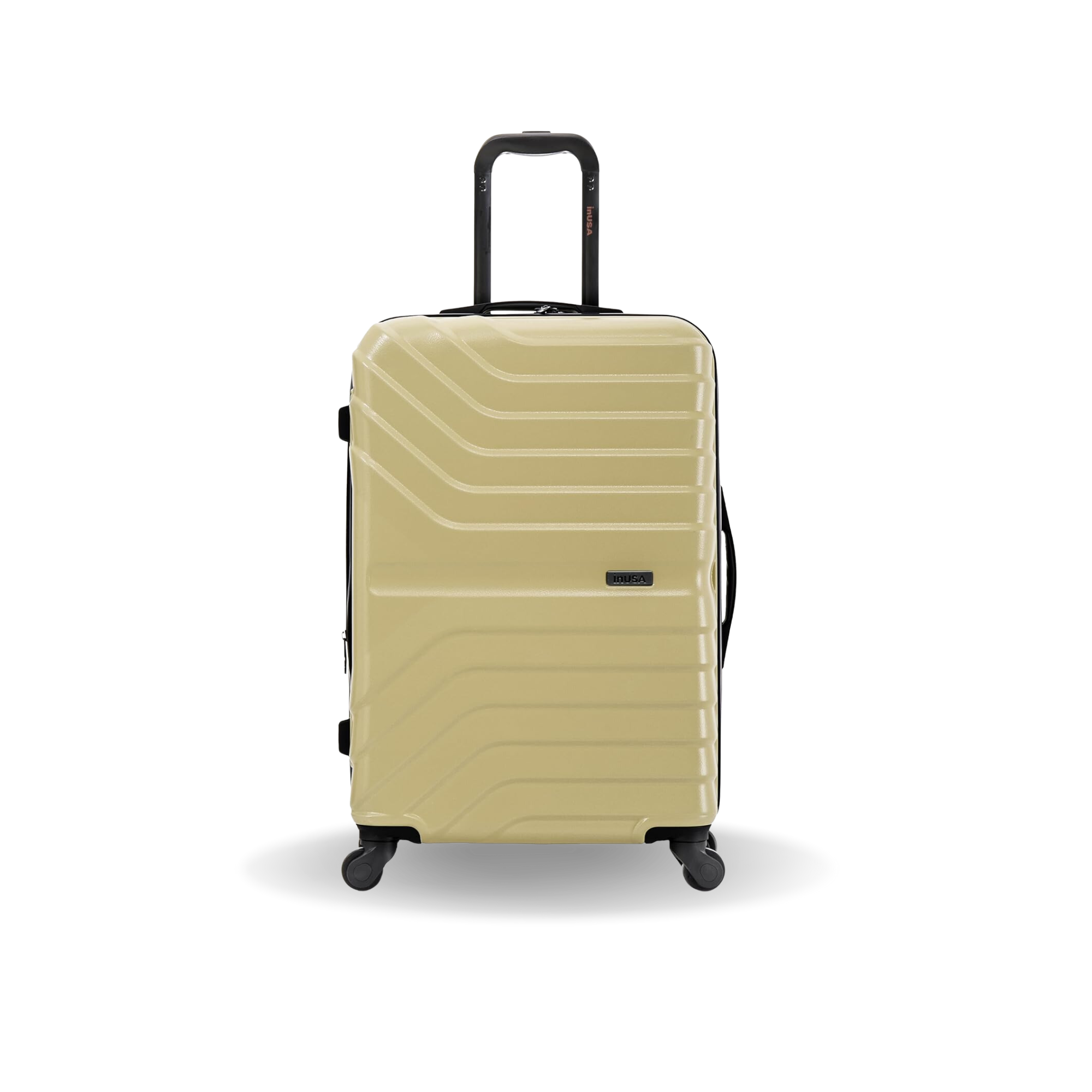 Beige suitcase with black wheels and handle on a white background