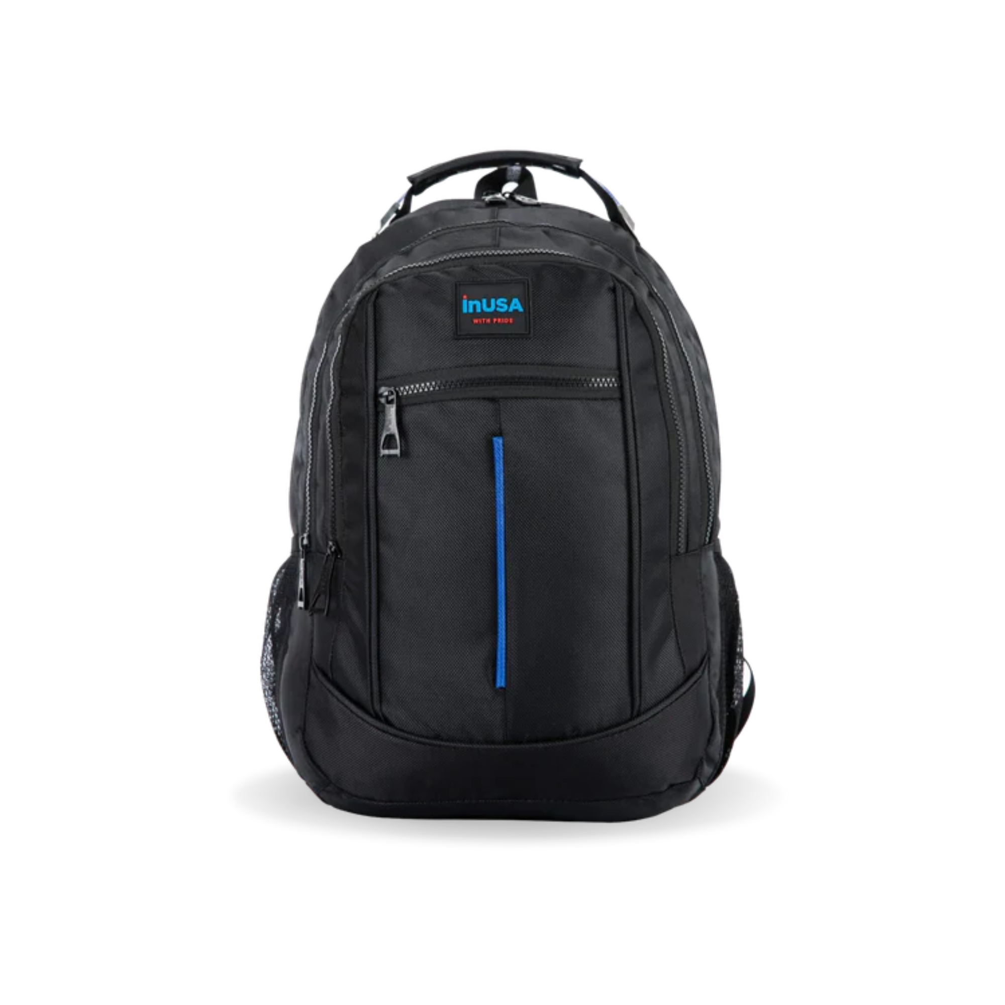 Black backpack with a blue zipper on a white background