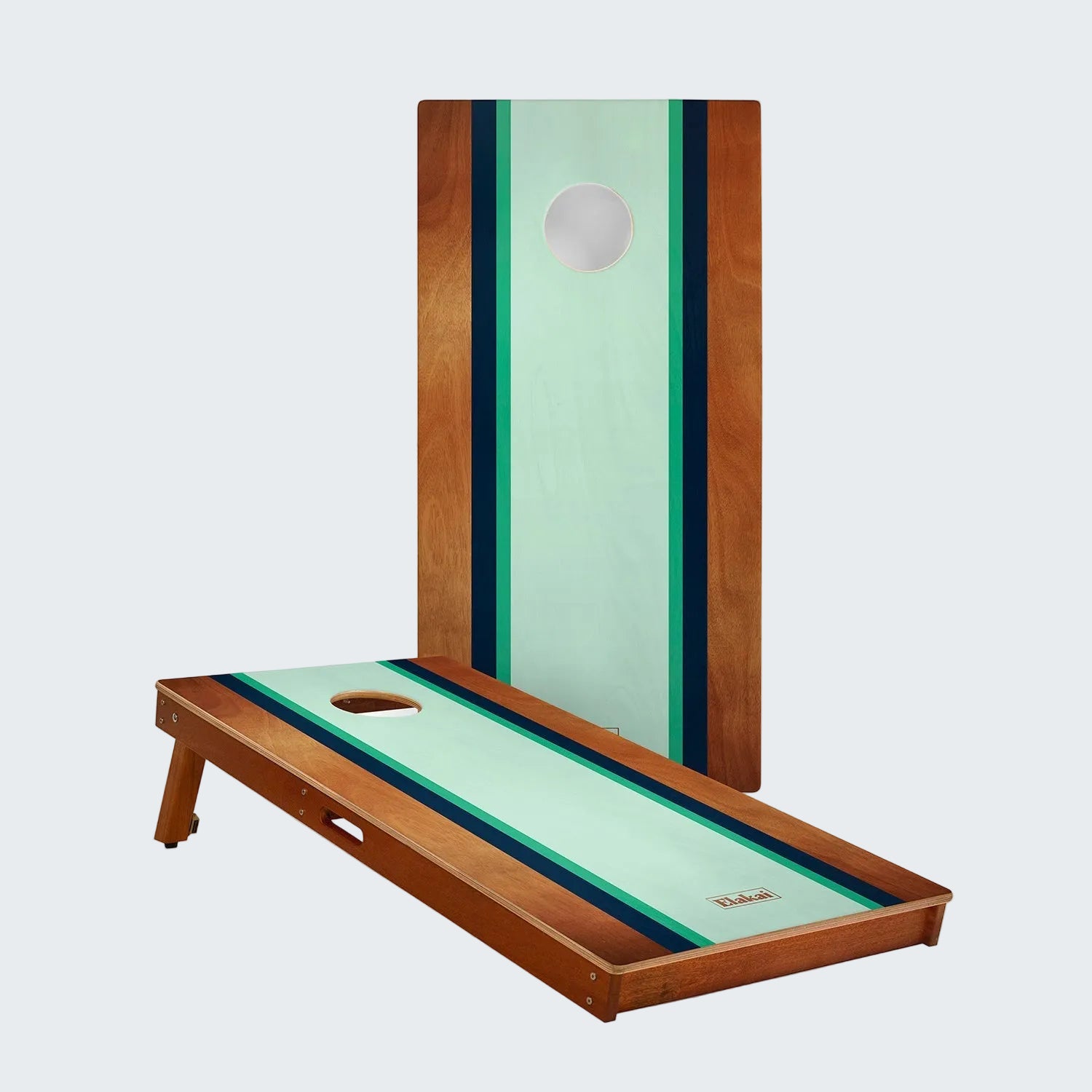 Wooden cornhole board with green playing surface and striped sides on a white background