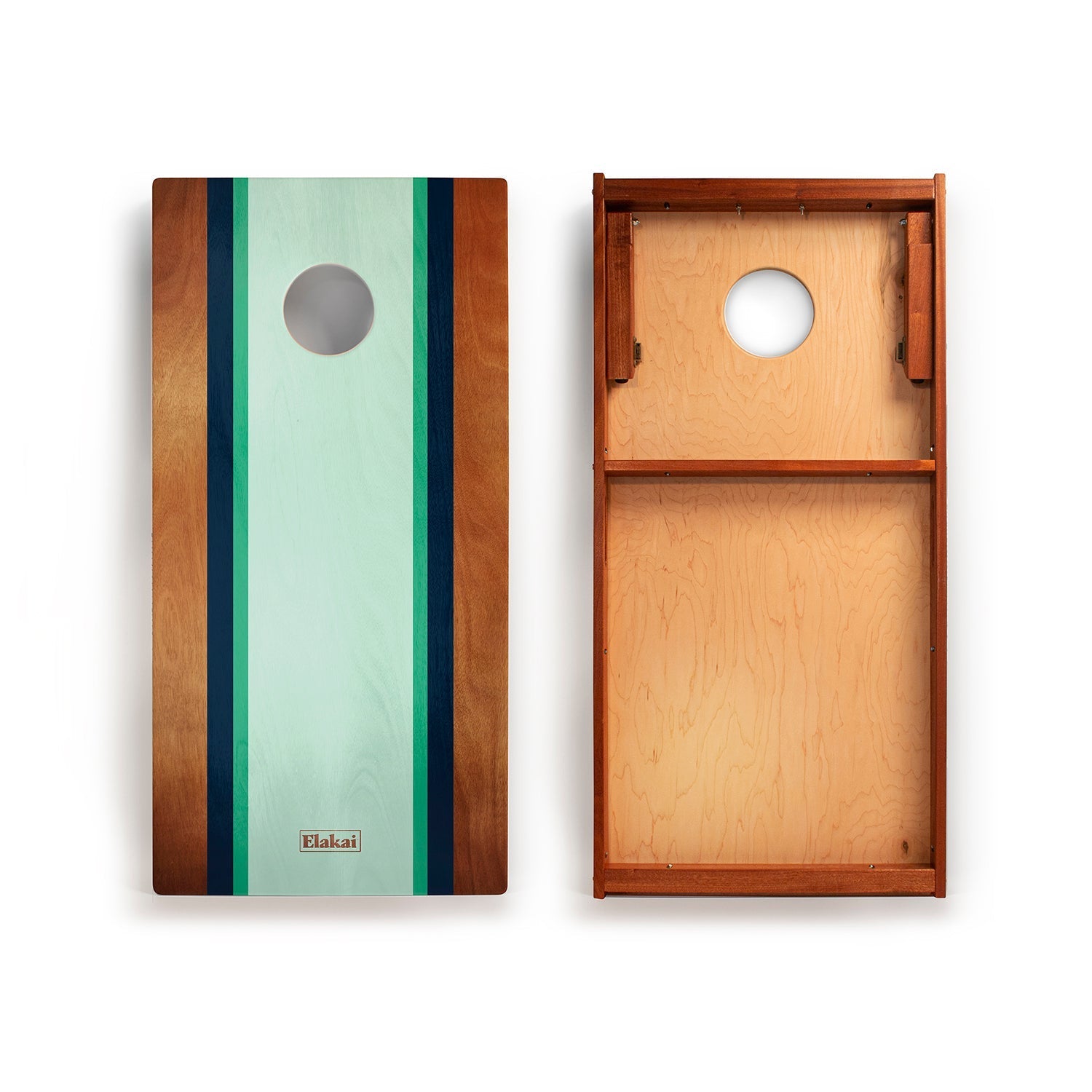 Wooden cornhole boards with striped design on a white background