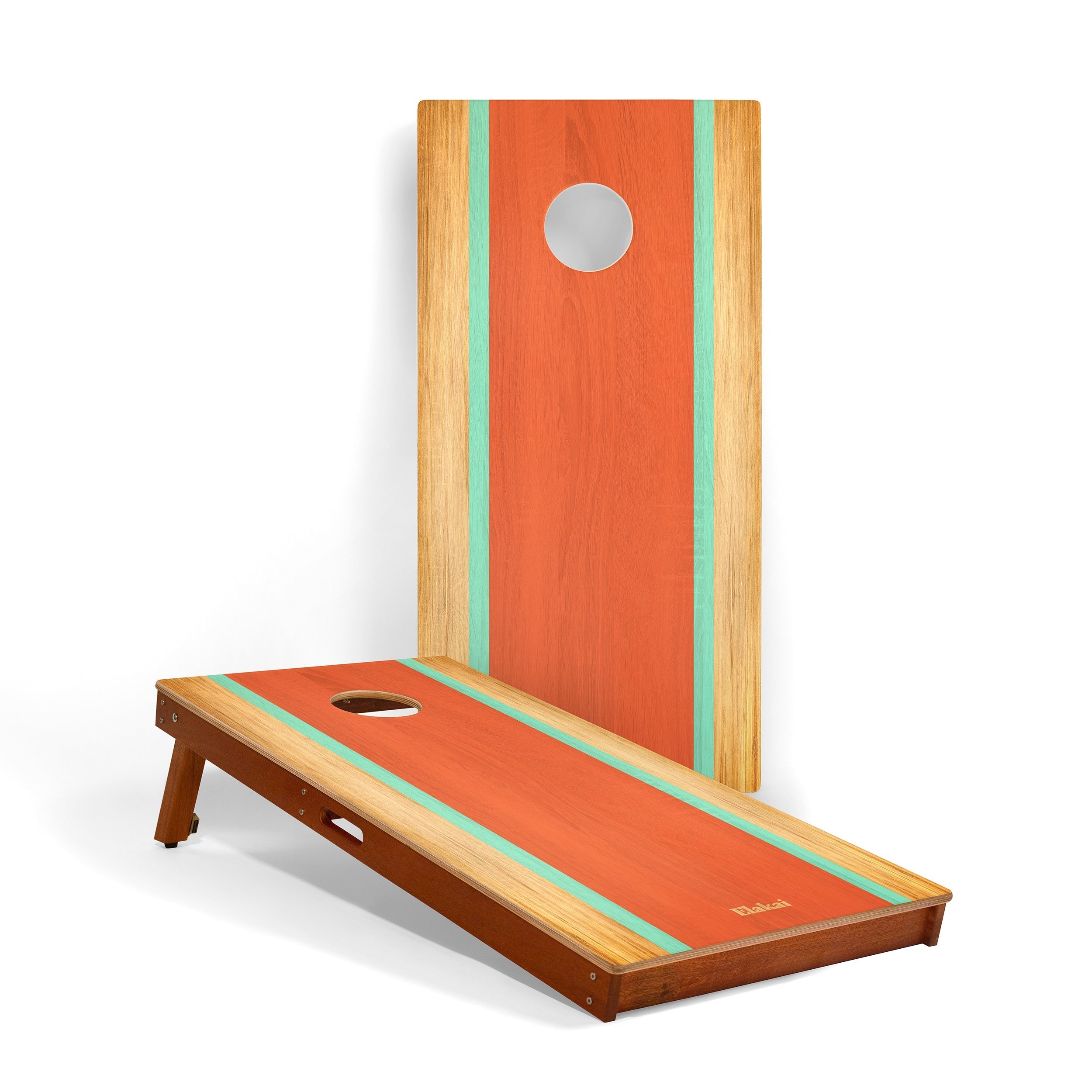 Cornhole board with orange and brown design on a white background