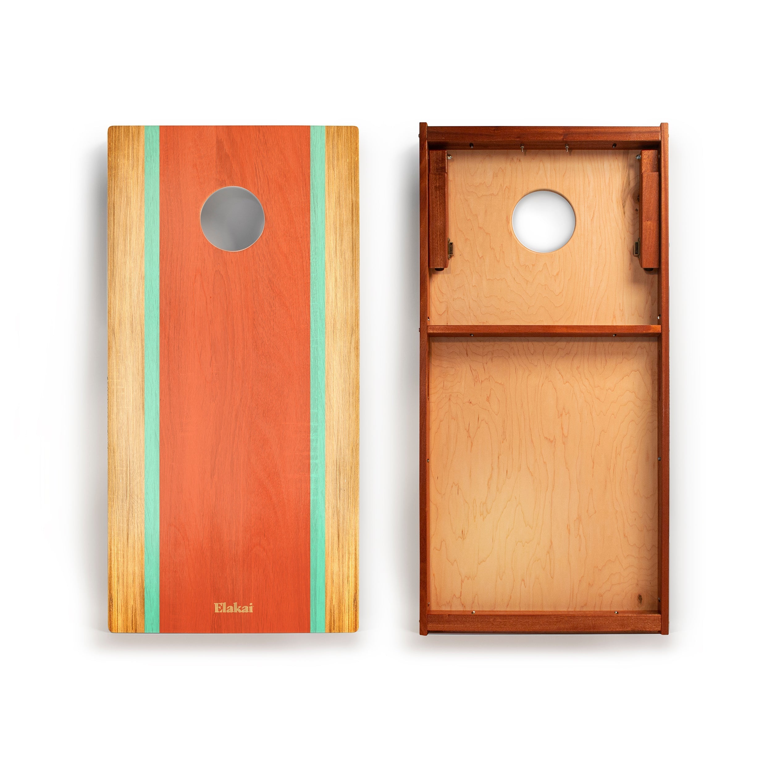 Wooden cornhole boards with colorful design on a white background