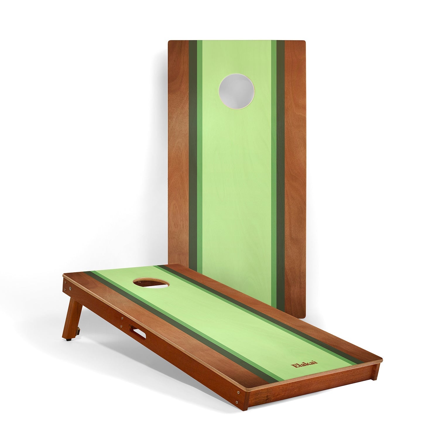 Cornhole board with green playing surface and wooden sides on a white background