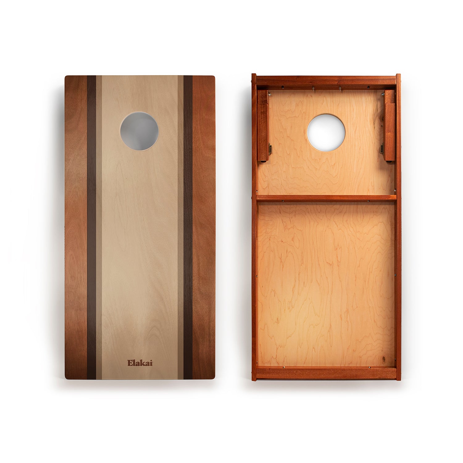 Wooden cornhole boards with a visible brand logo on a white background
