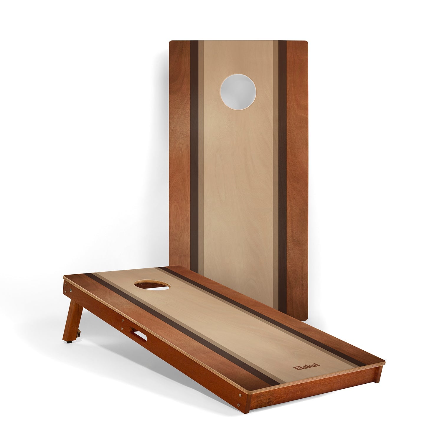 Wooden cornhole board with a white background