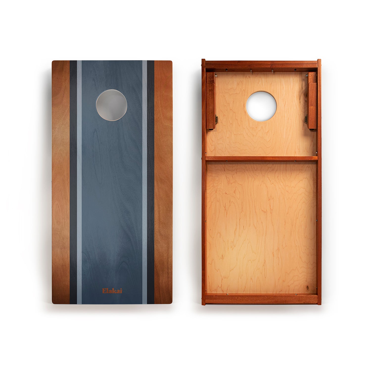 Wooden cornhole board with blue and brown design on a white background