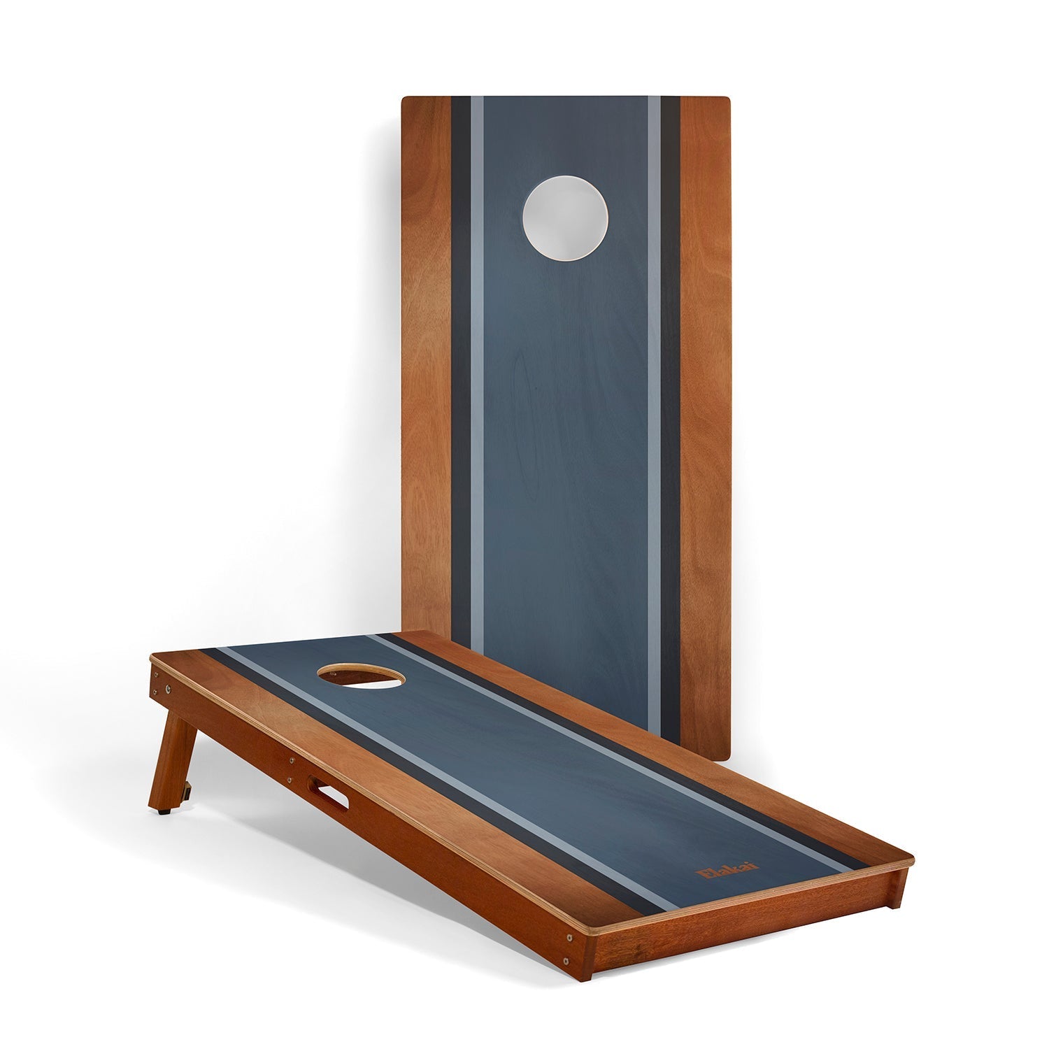 Cornhole board with wooden sides and a blue playing surface on a white background