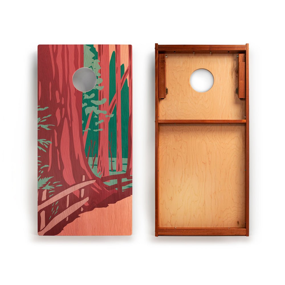 Wooden box with nature-themed design on the lid and plain interior.