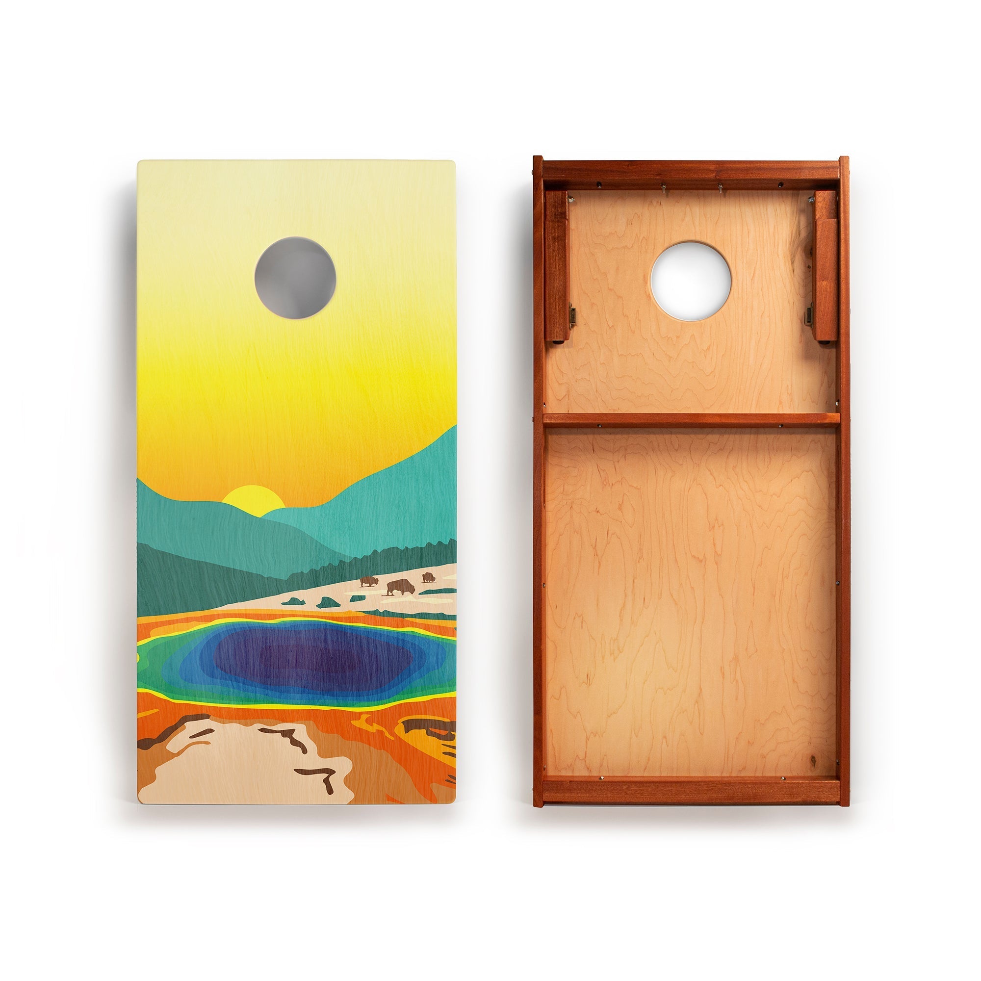 Cornhole board set with nature-themed design on one side and plain wood on the other