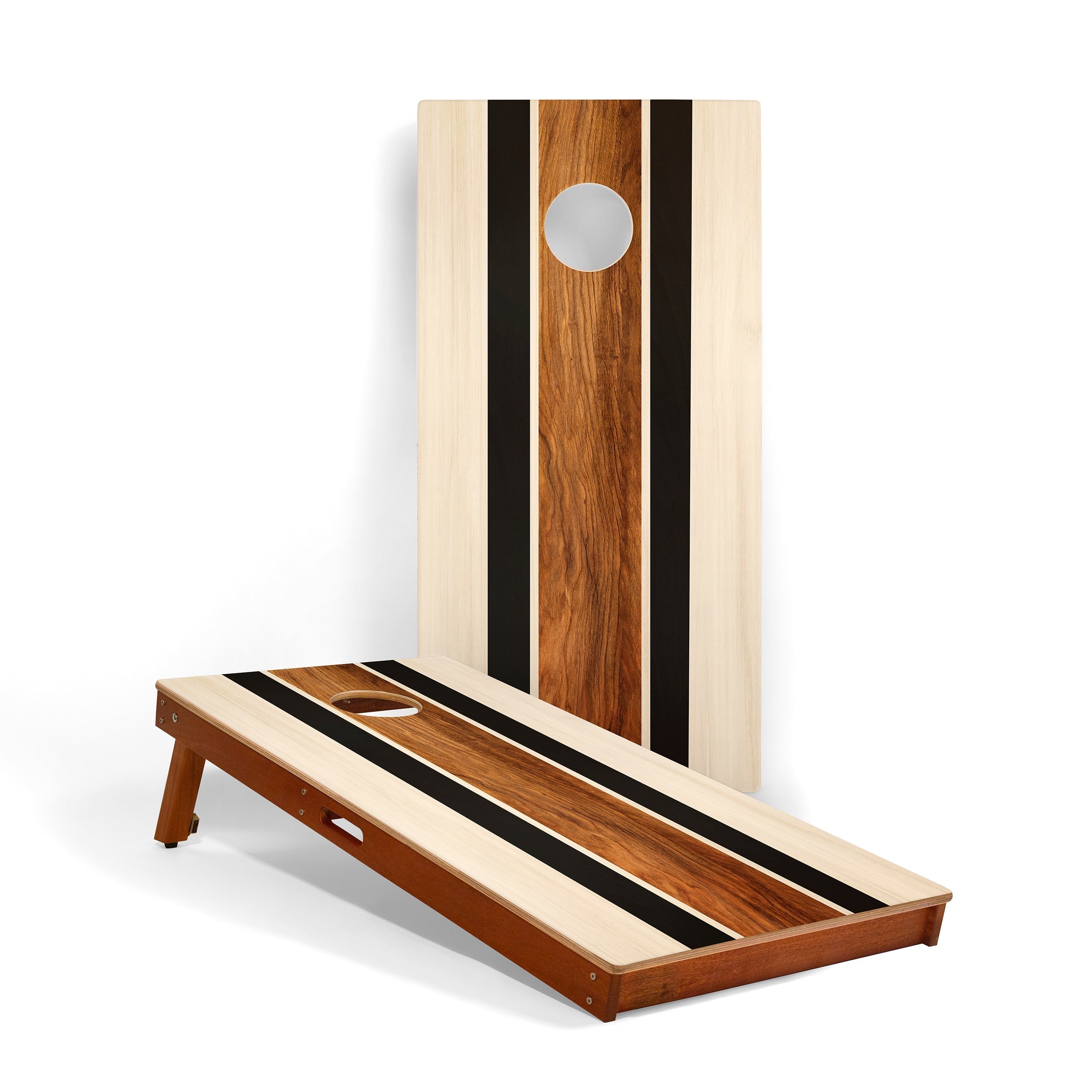 Wooden cornhole board with a striped design on a white background