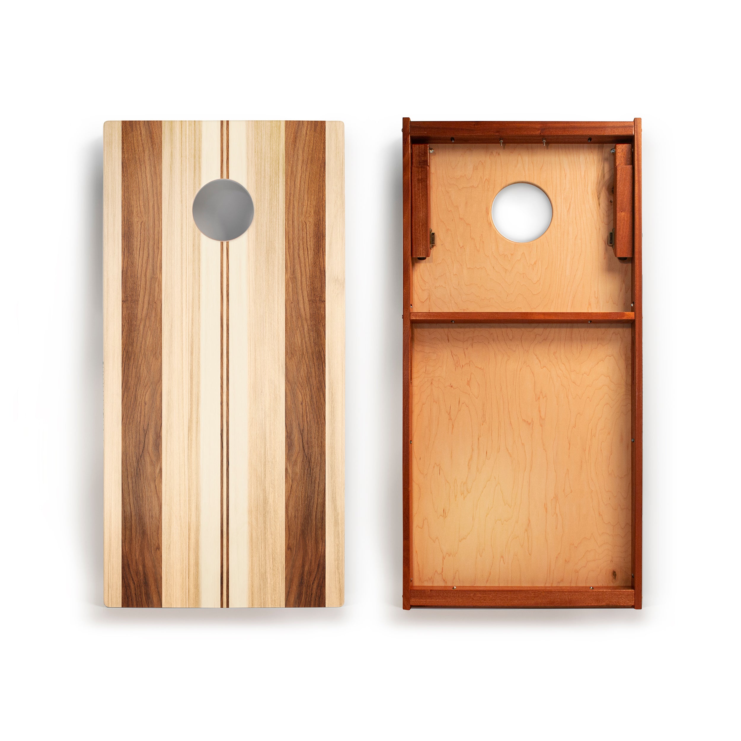 Wooden cornhole boards with a mix of wood tones on a white background