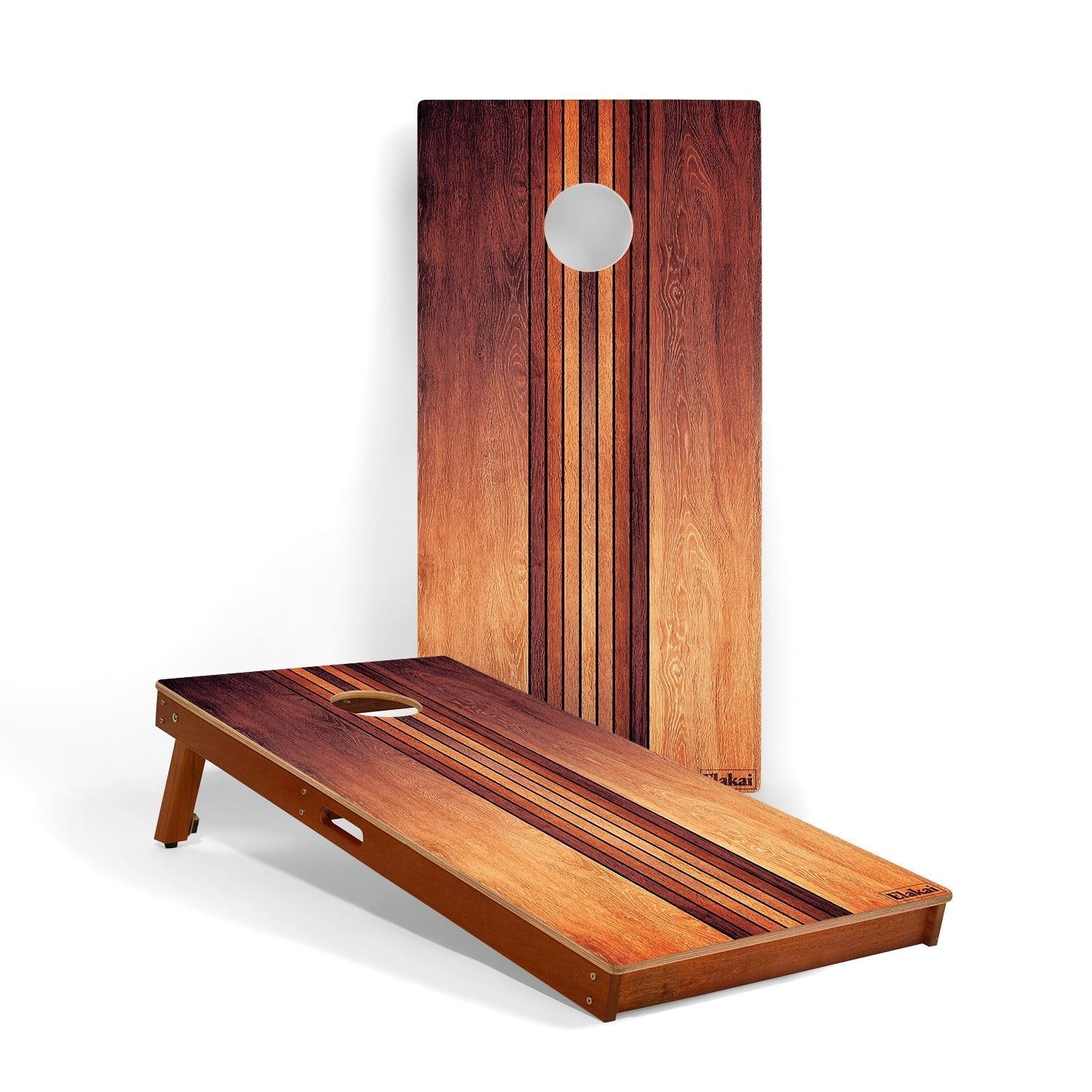 Wooden cornhole board with a striped design on a white background