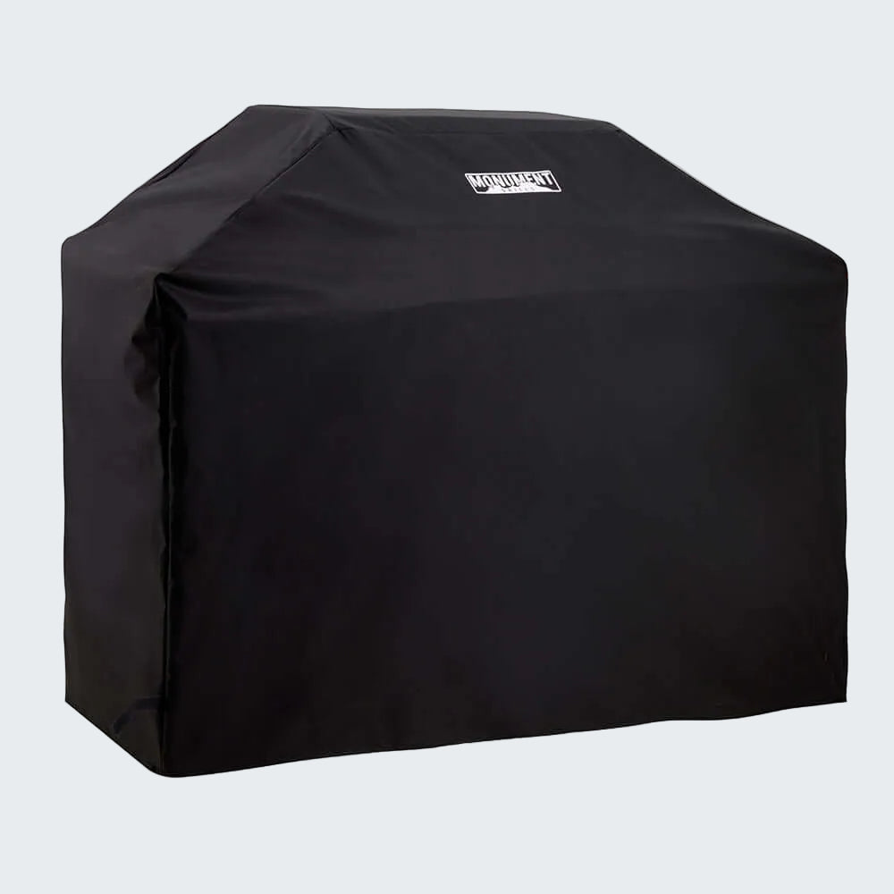 Black grill cover with a brand logo on a white background