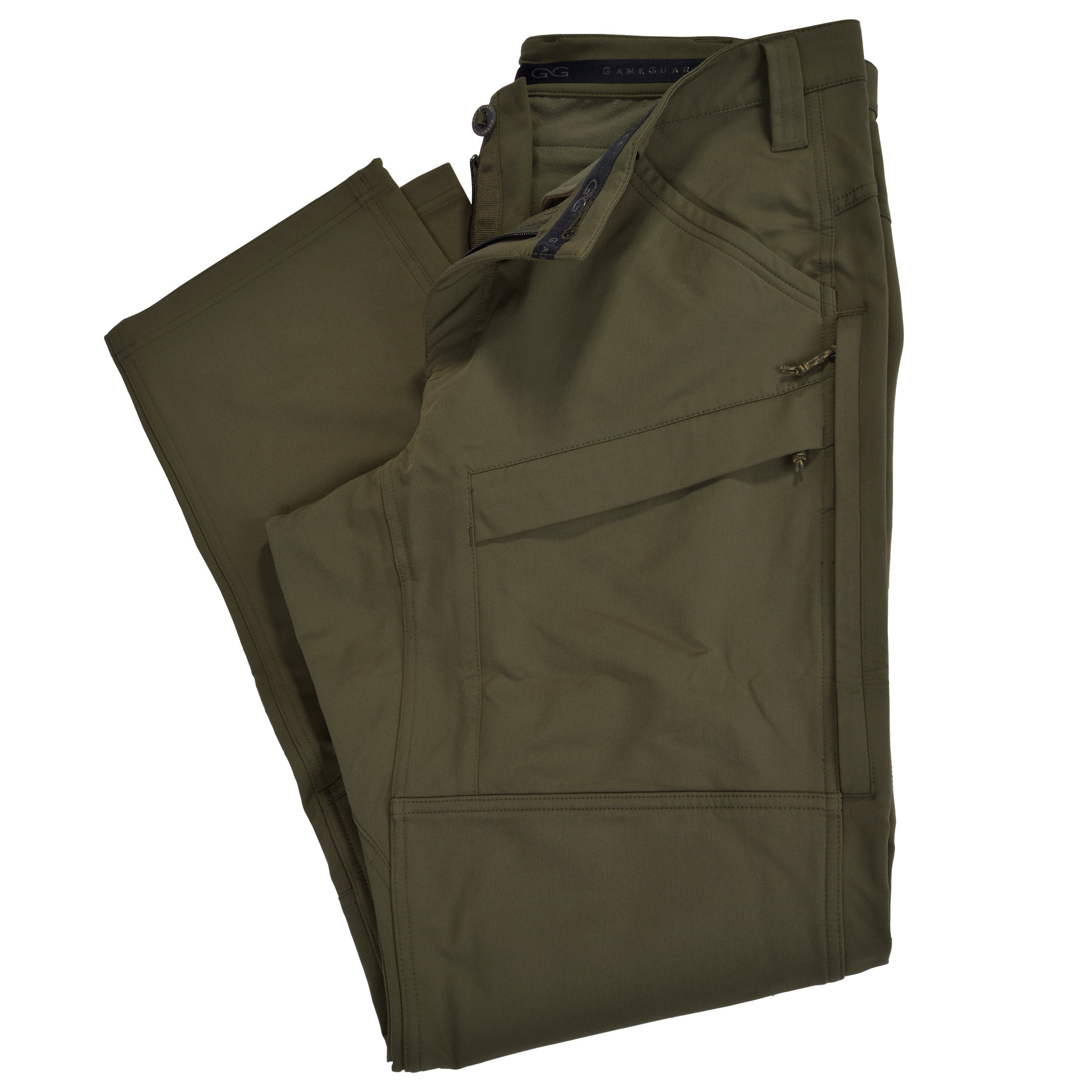 Folded olive green pants on a white background