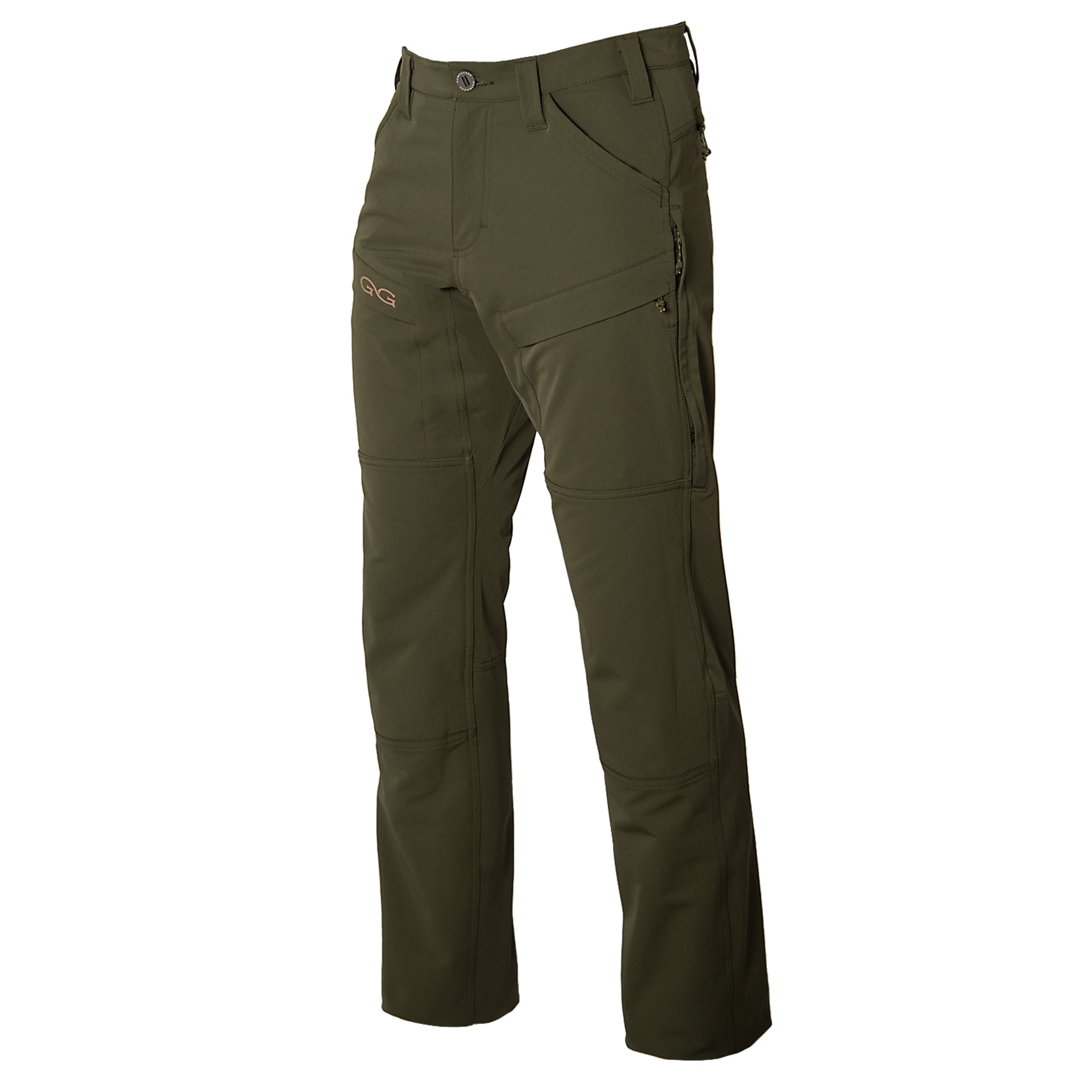 Olive green pants with multiple pockets on a white background