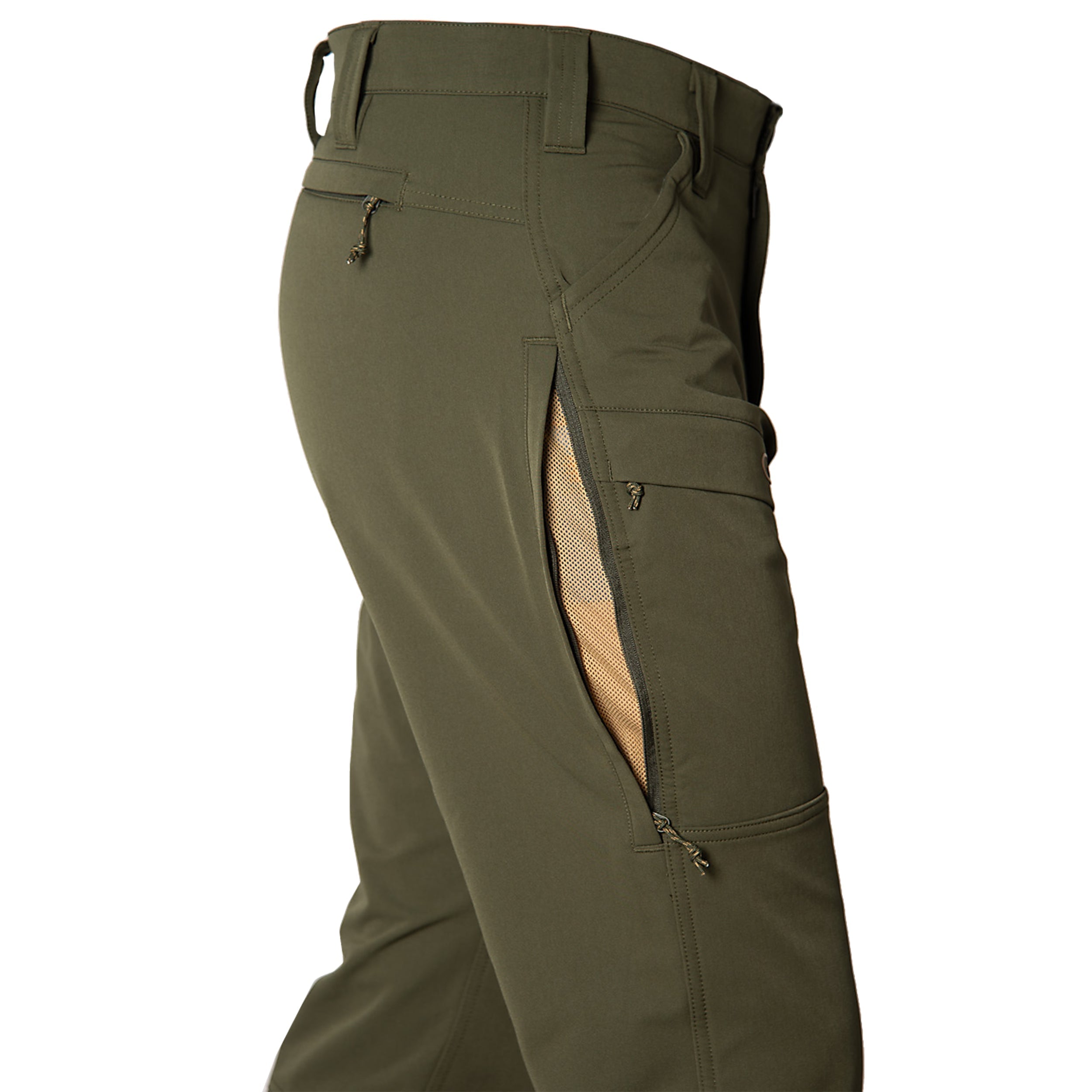 Olive green tactical pants with multiple pockets on a white background