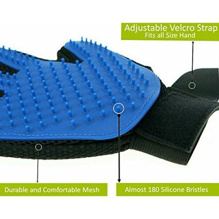 Blue grooming brush with adjustable velcro strap and silicone bristles on a white background