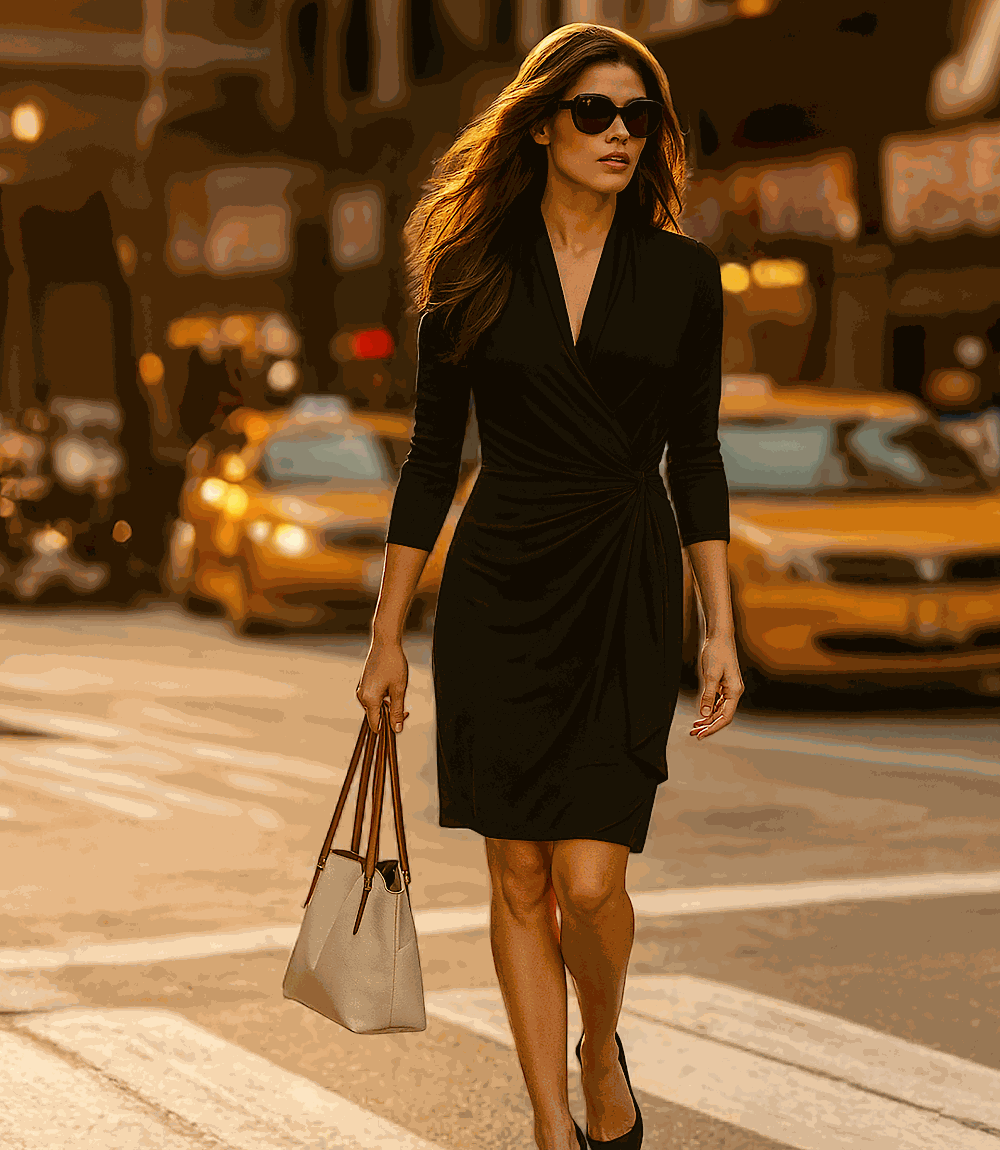A woman walking across a city crosswalk wearing a black wrap-style knee-length dress, black pointed shoes, and carrying a light beige tote bag. Yellow taxis and a blurred urban street scene are visible in the background.