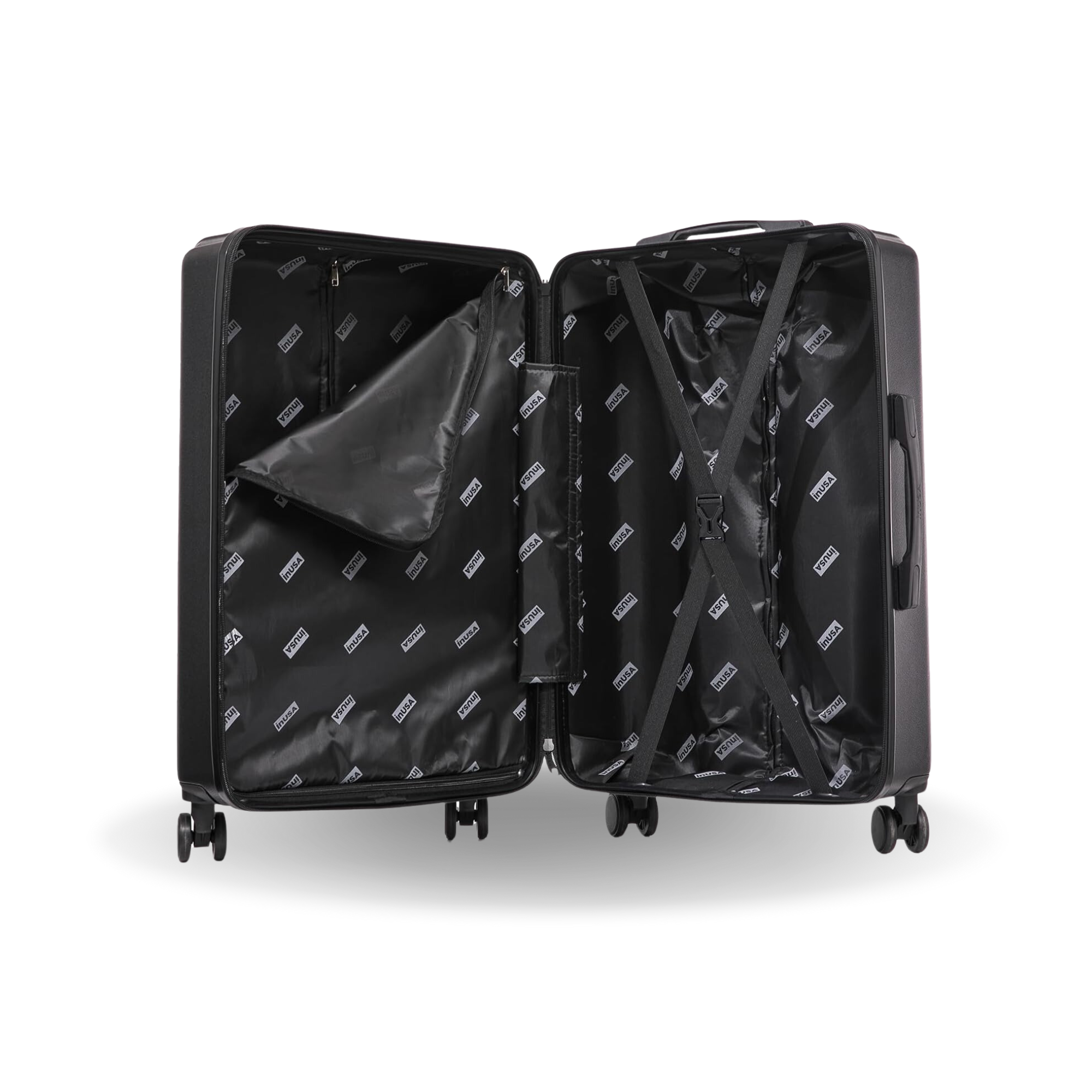 Black open suitcase with interior pattern on a white background
