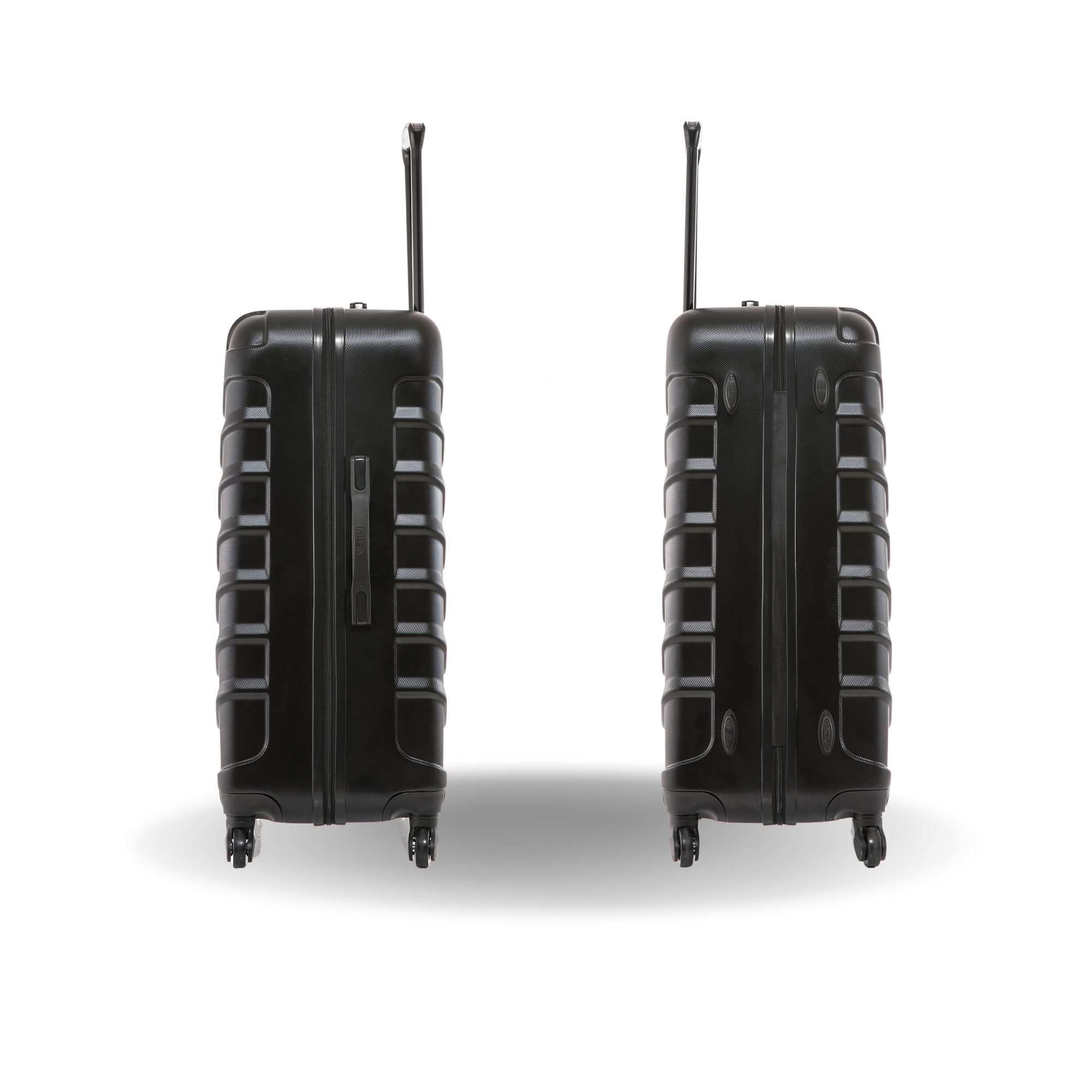 Two black suitcases with textured design on a white background
