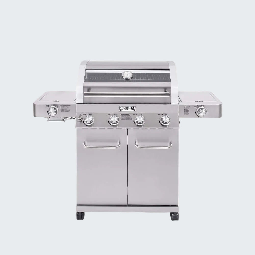 Stainless steel grill on a white background