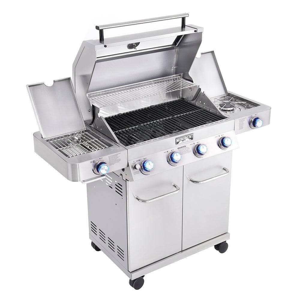 Stainless steel grill with multiple burners on a white background