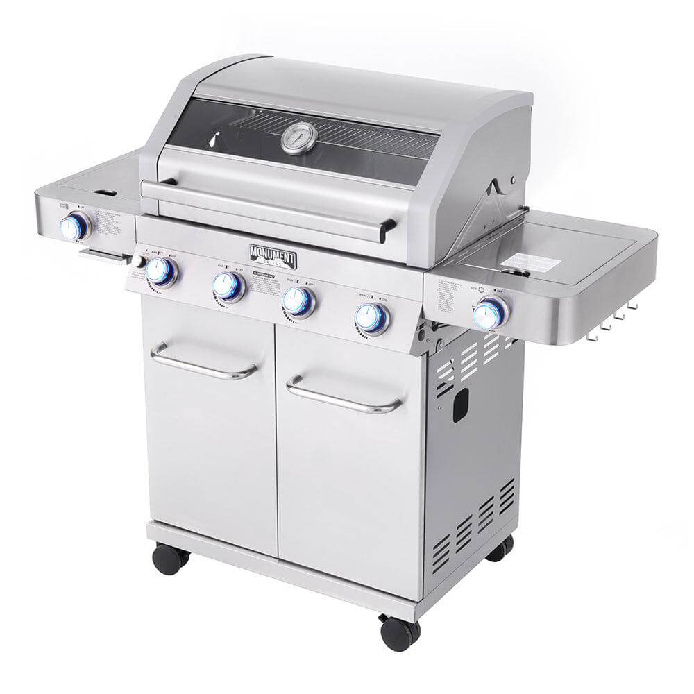 Stainless steel gas grill on a white background