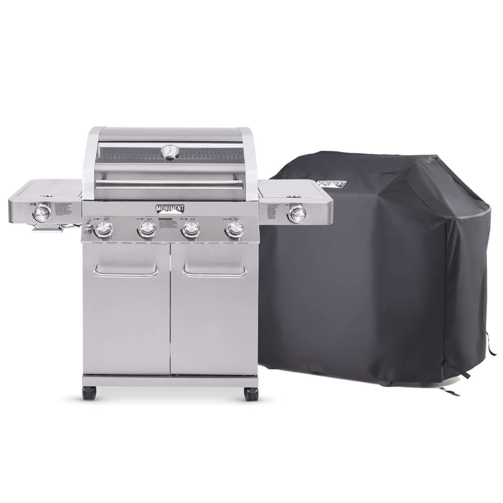 Stainless steel barbecue grill with a black cover on a white background