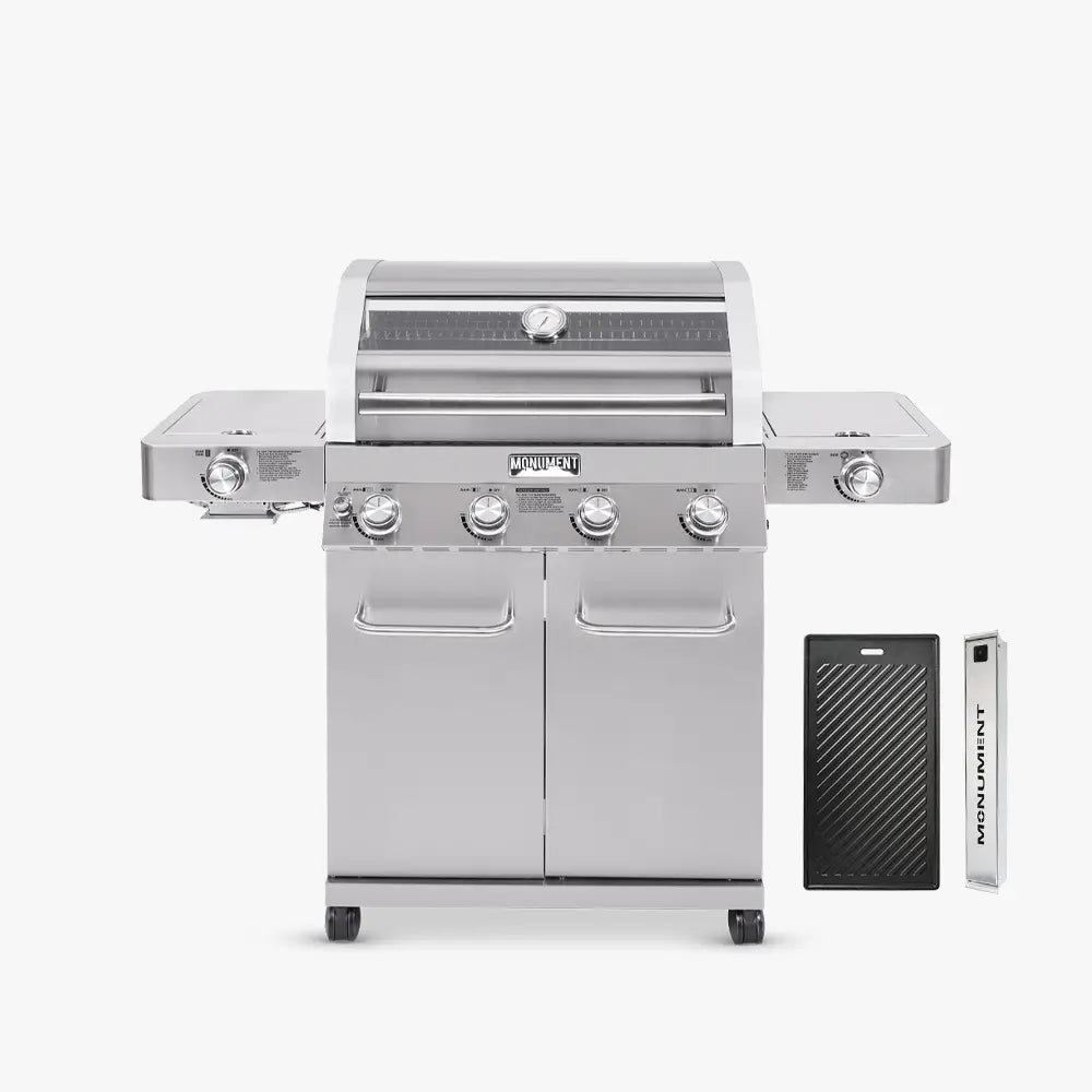 Stainless steel grill with side shelves on a white background