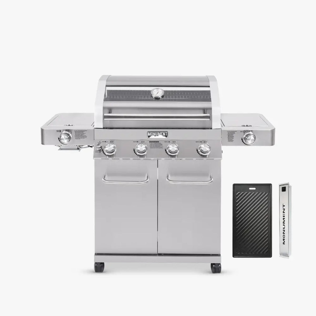 Stainless steel grill with side shelves on a white background
