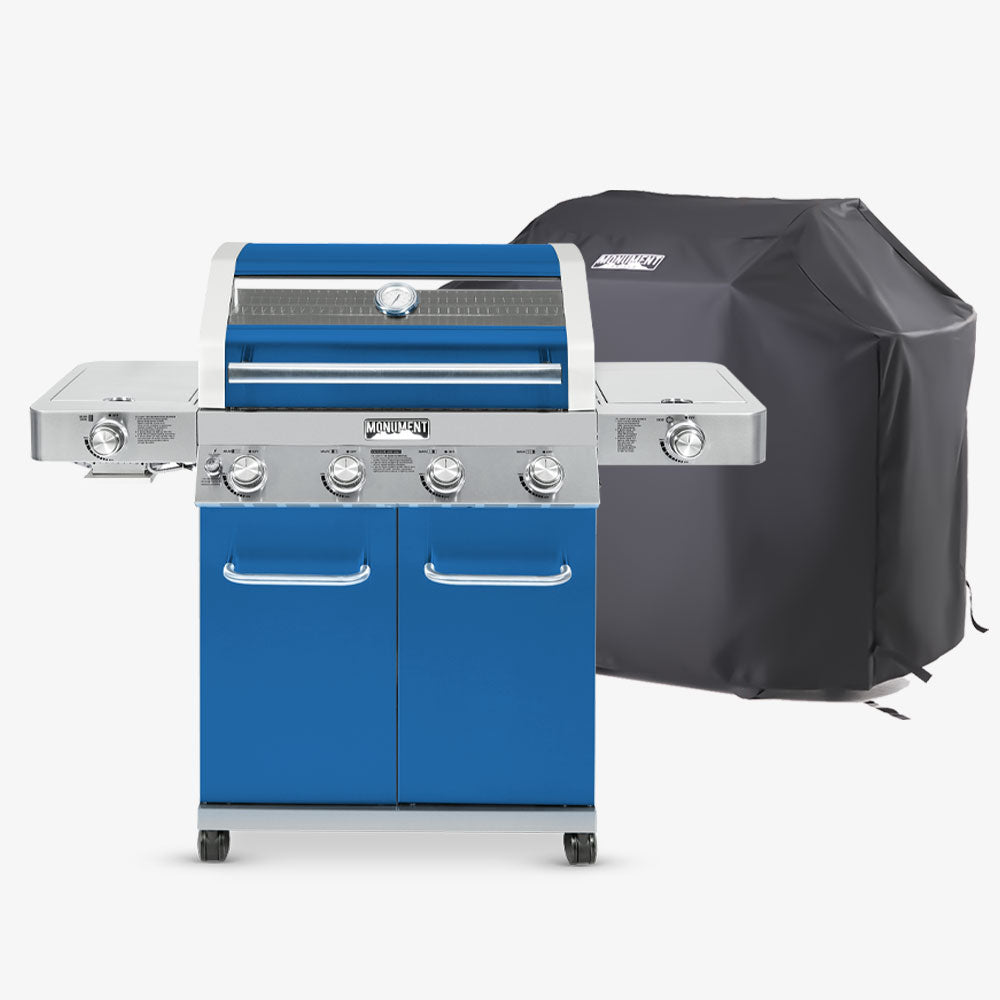 Blue grill with a black cover on a white background