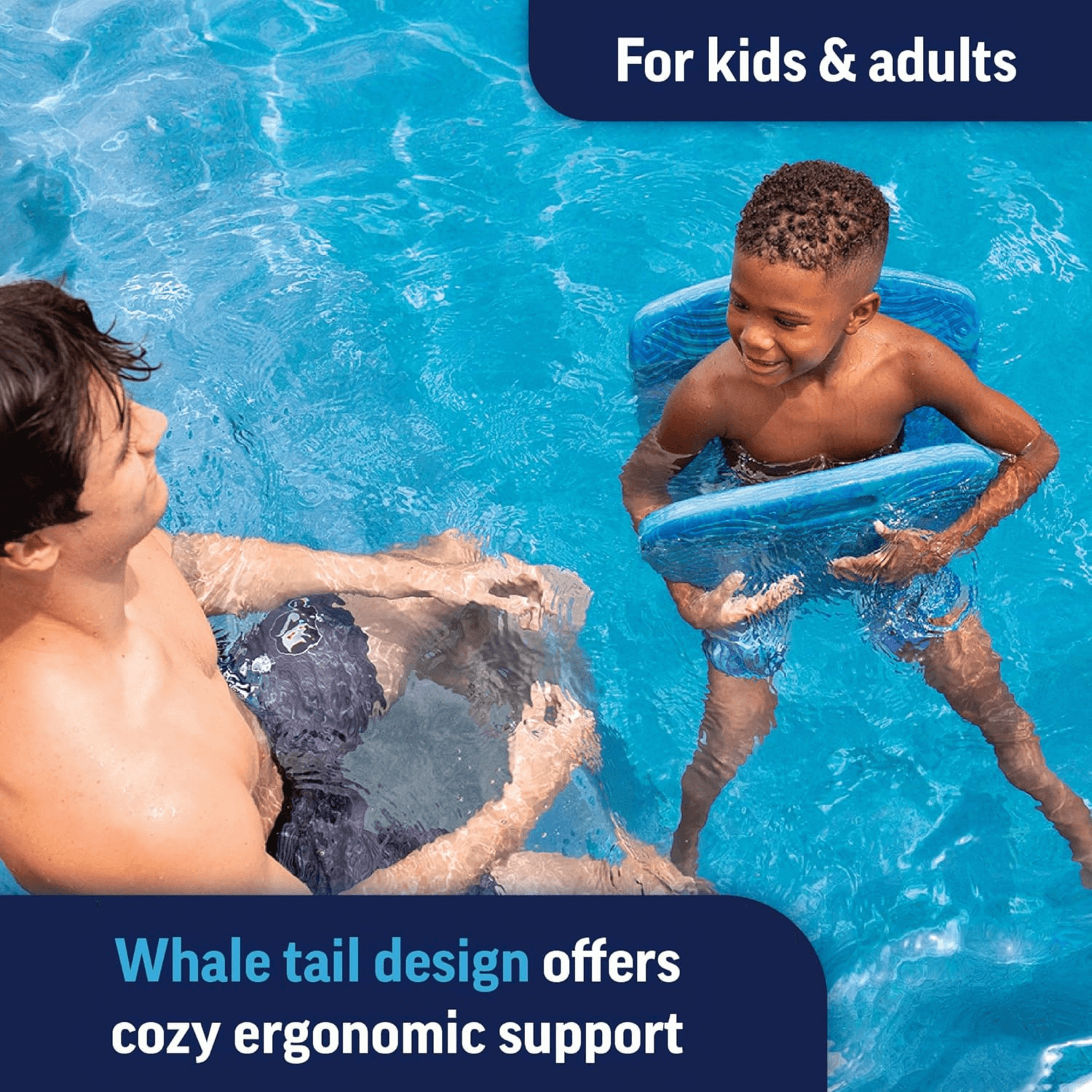 Two children playing in a pool with a whale tail design flotation device.