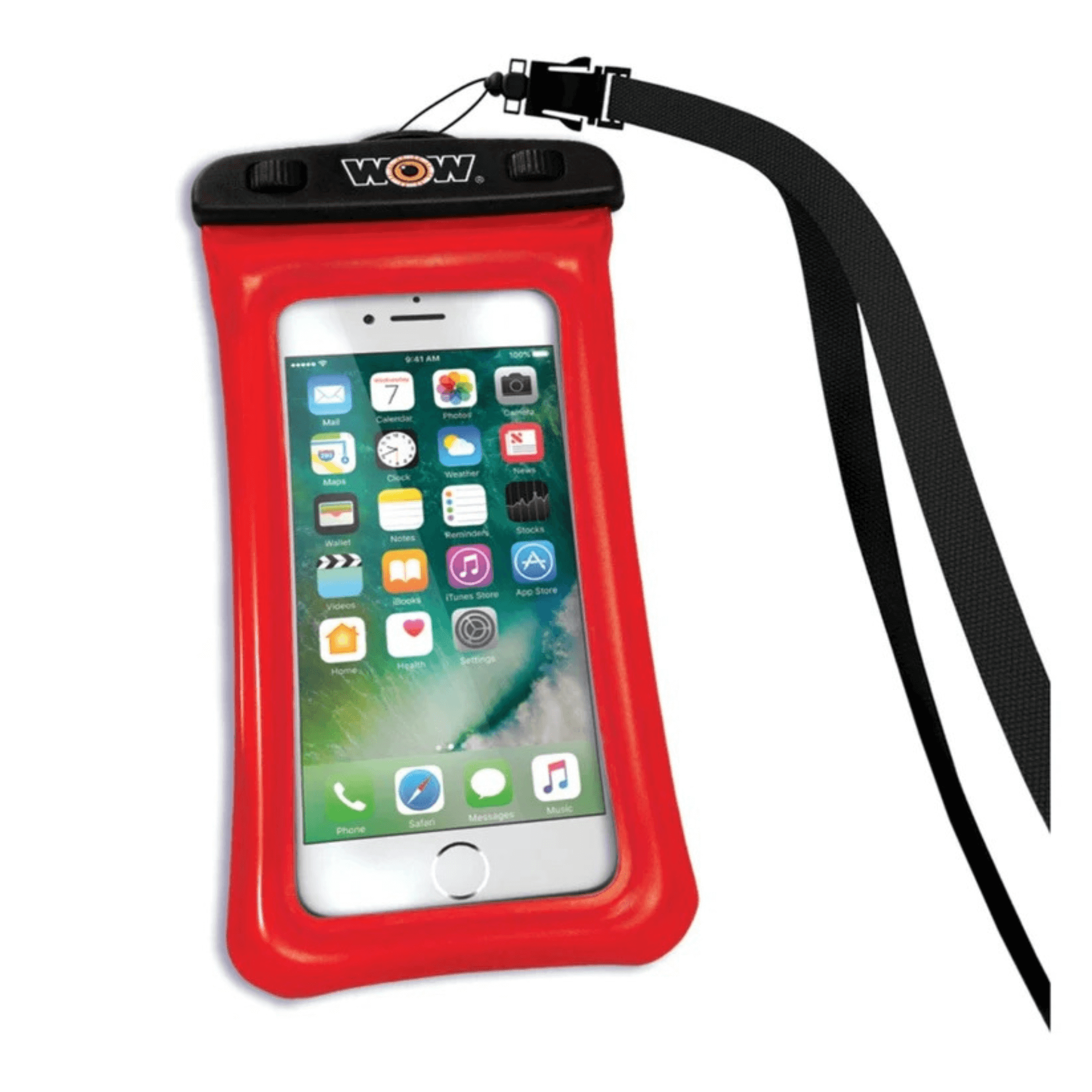 Red phone case with a smartphone displaying app icons, featuring the brand 'WOW'.