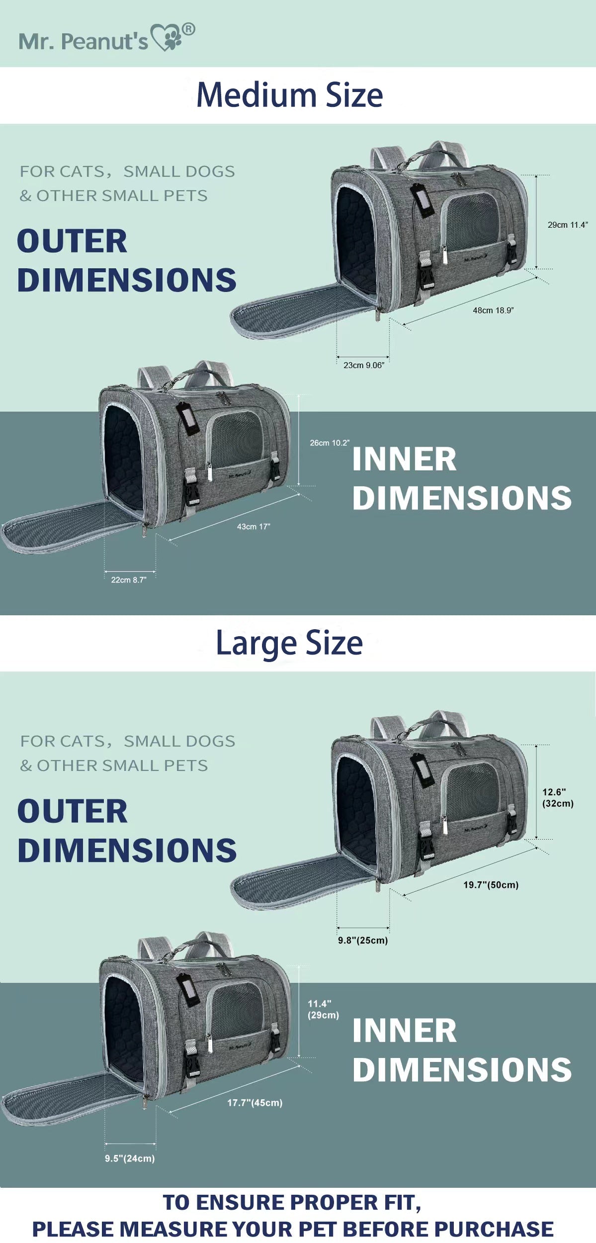 Dimensions chart for Mr. Peanut's pet carrier with outer and inner dimensions for medium and large sizes.