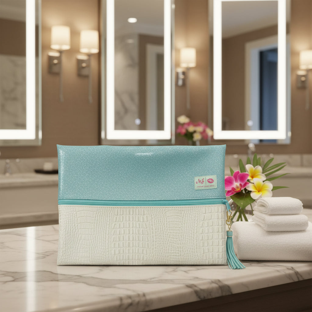 Two-tone pouch with glittery top half and textured bottom half on a white background