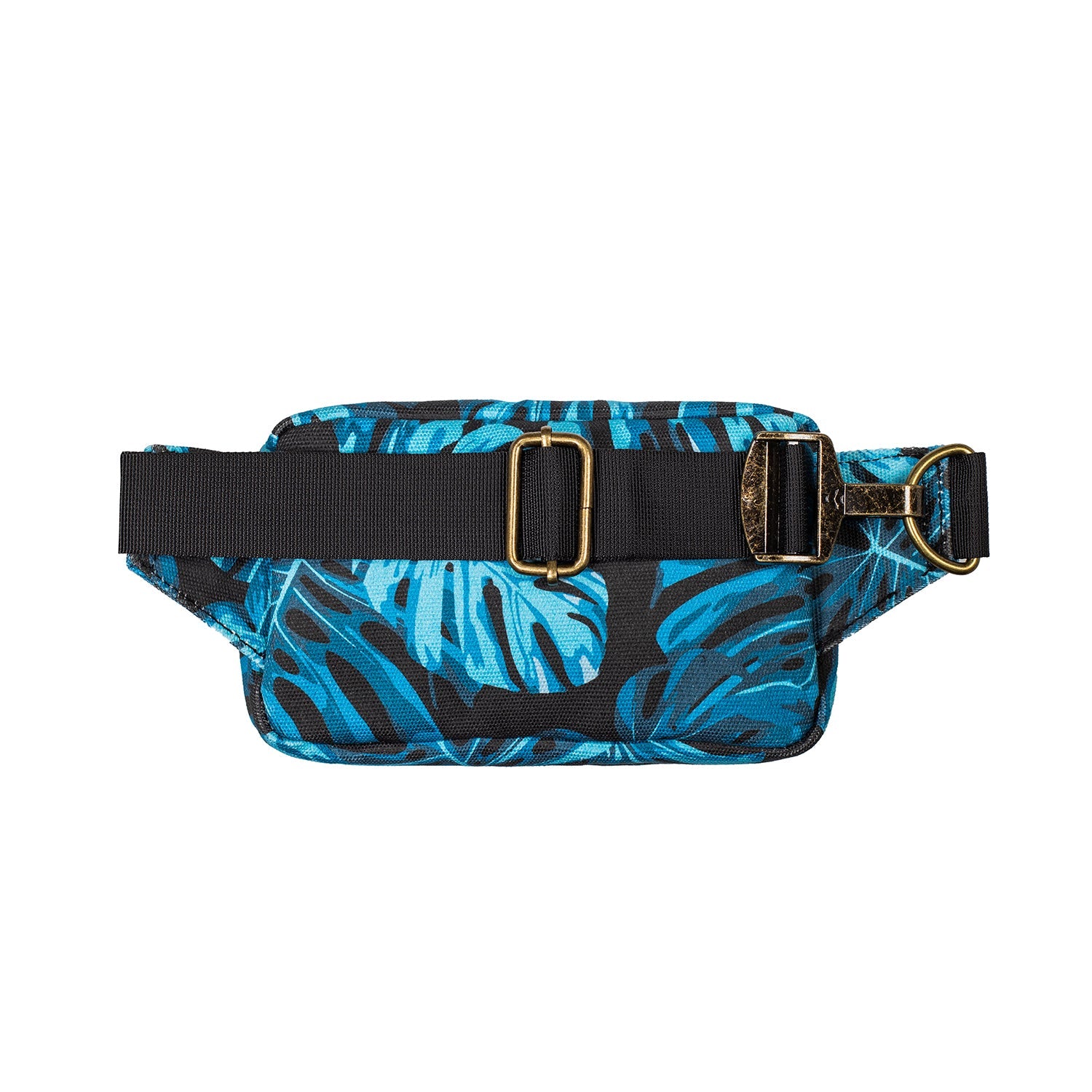 Fanny pack with blue leaf pattern on a white background